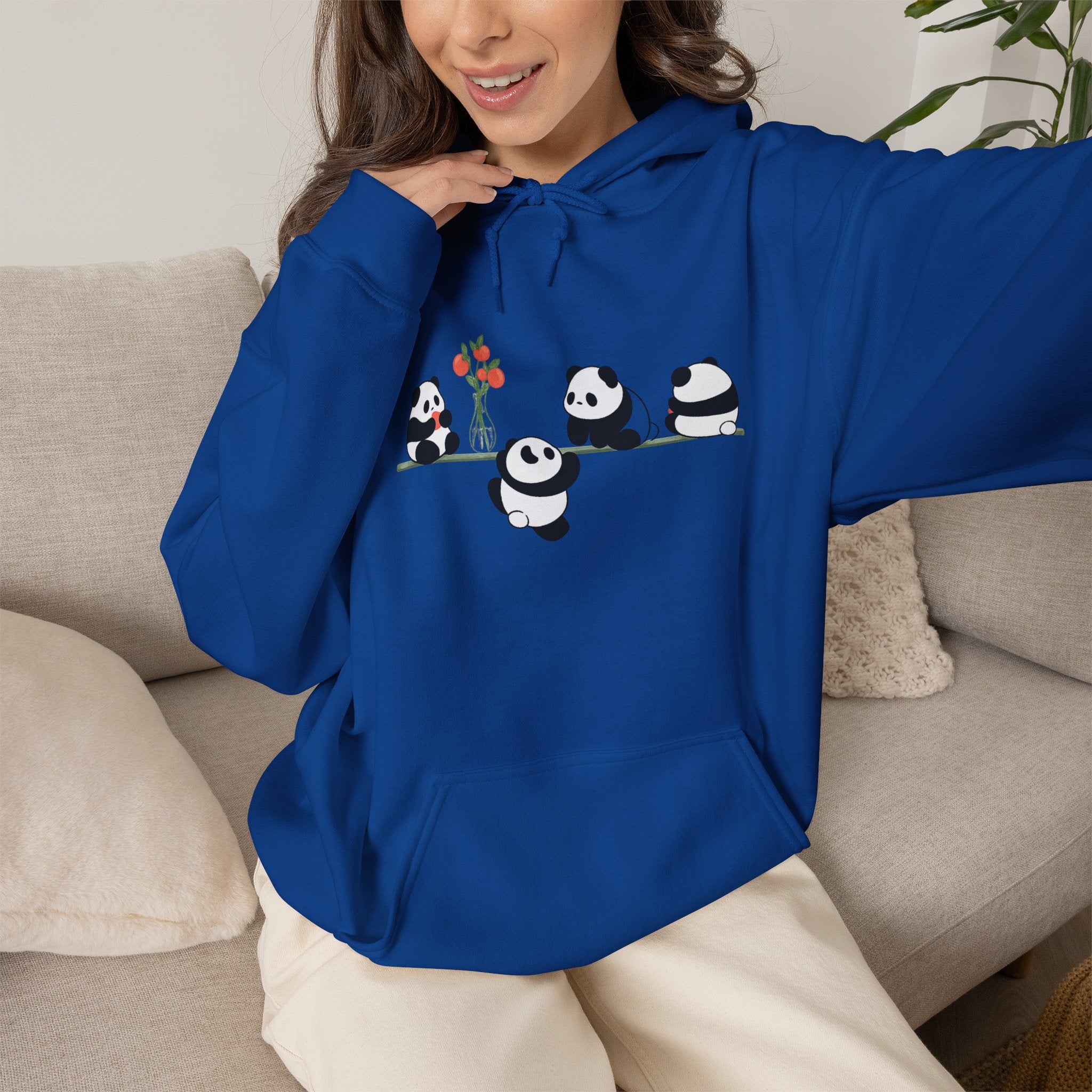 Pandas on a Line Hoodie — Cute Cartoon Pandas Holding Flower Pullover