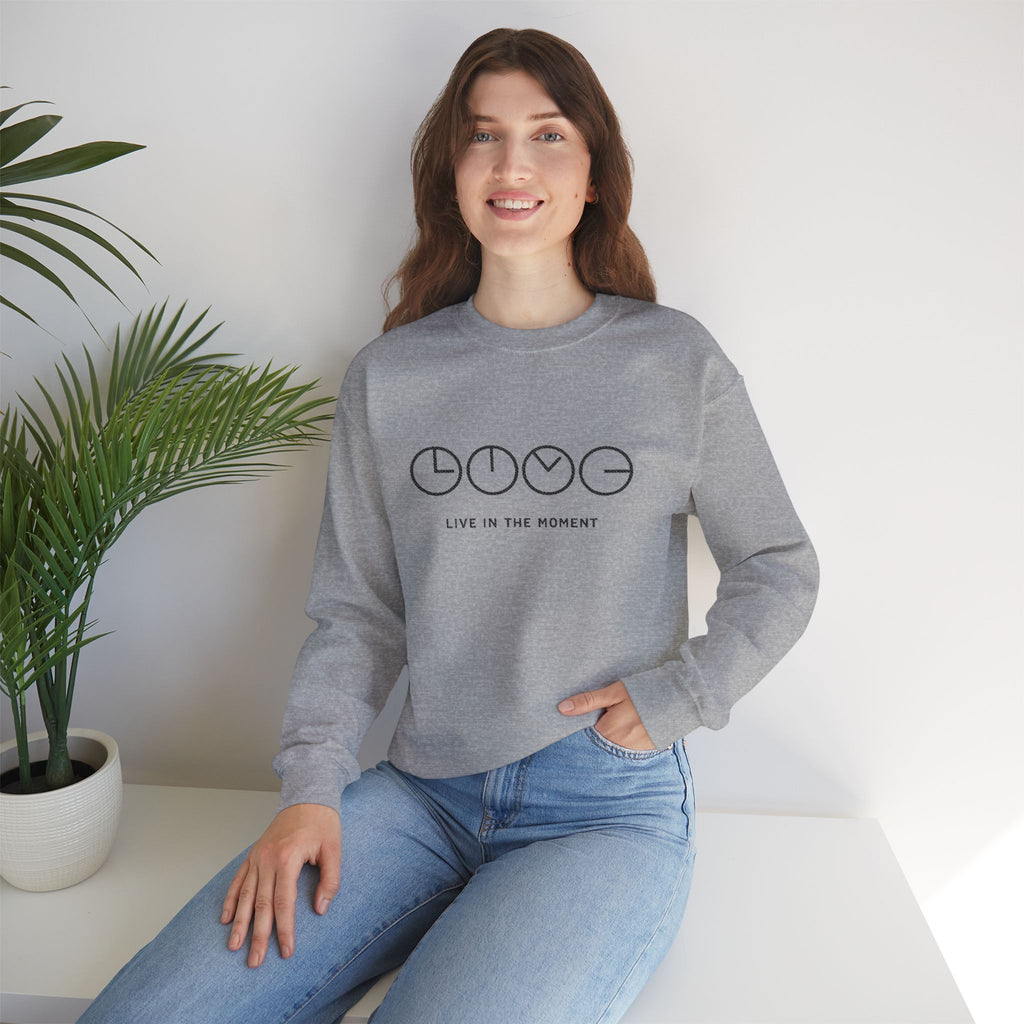 Live In The Moment Crewneck Sweatshirt — Minimal Clock Graphic Embroidered
