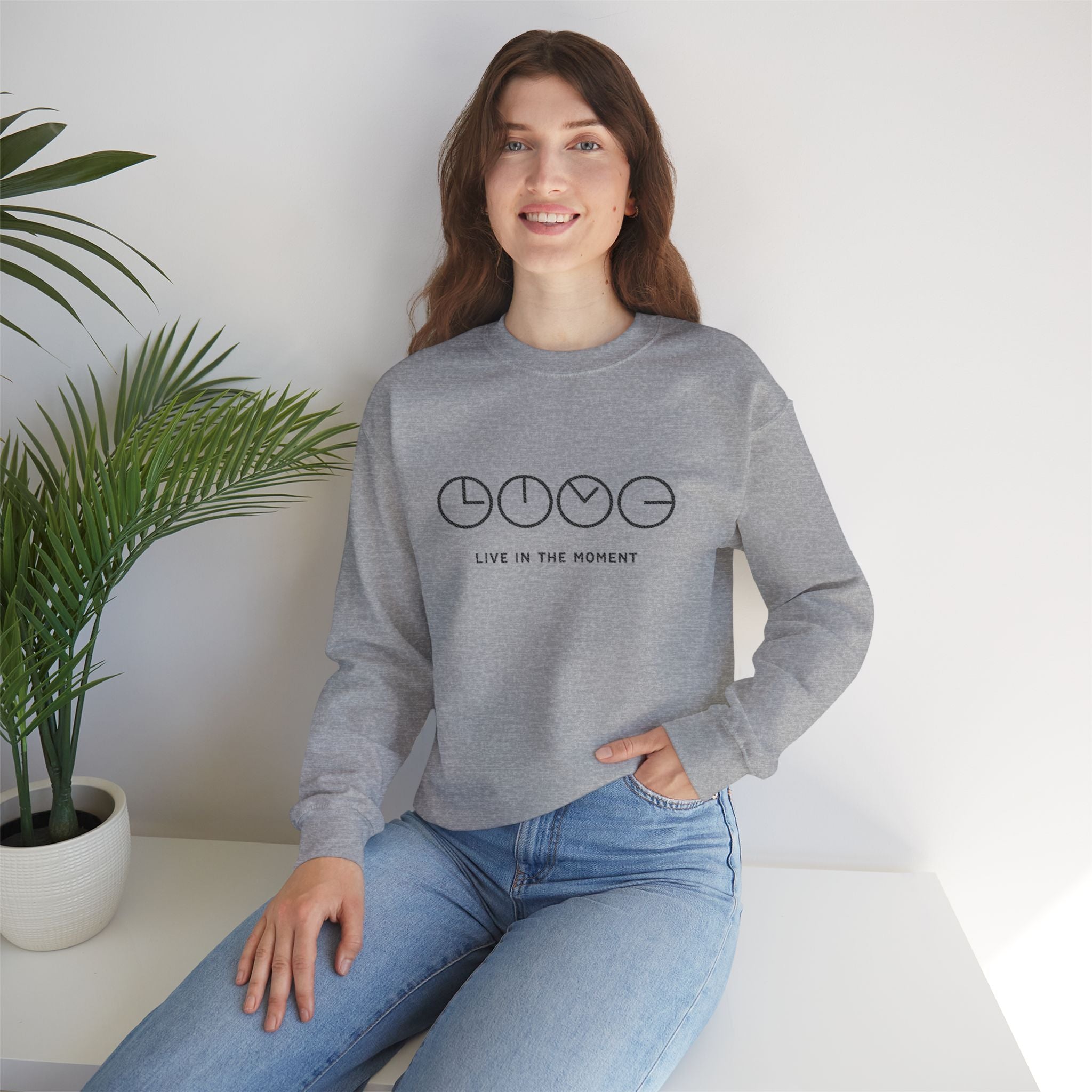 Live In The Moment Crewneck Sweatshirt — Minimal Clock Graphic Embroidered