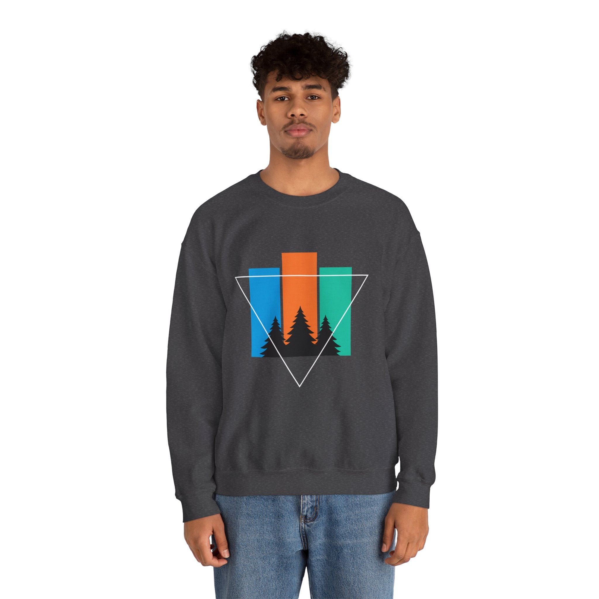 Retro Forest Crewneck Sweatshirt — Colorblock Trees Graphic