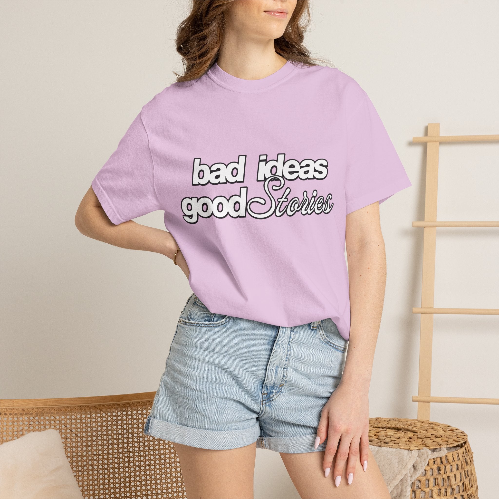 T-Shirt — “bad ideas good stories” Retro Script Tee