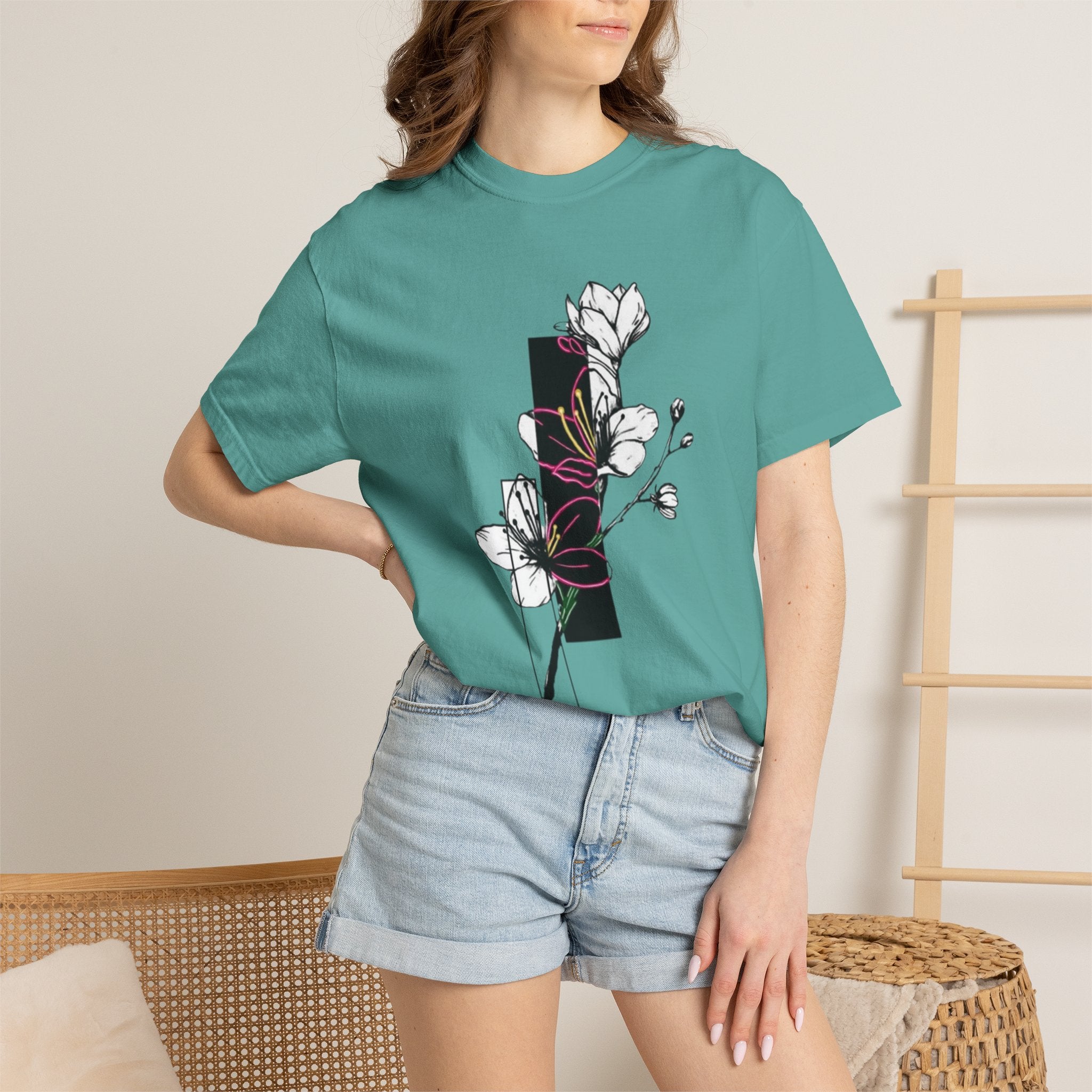 Floral Minimalist T-Shirt — Black Bar Magnolia Graphic