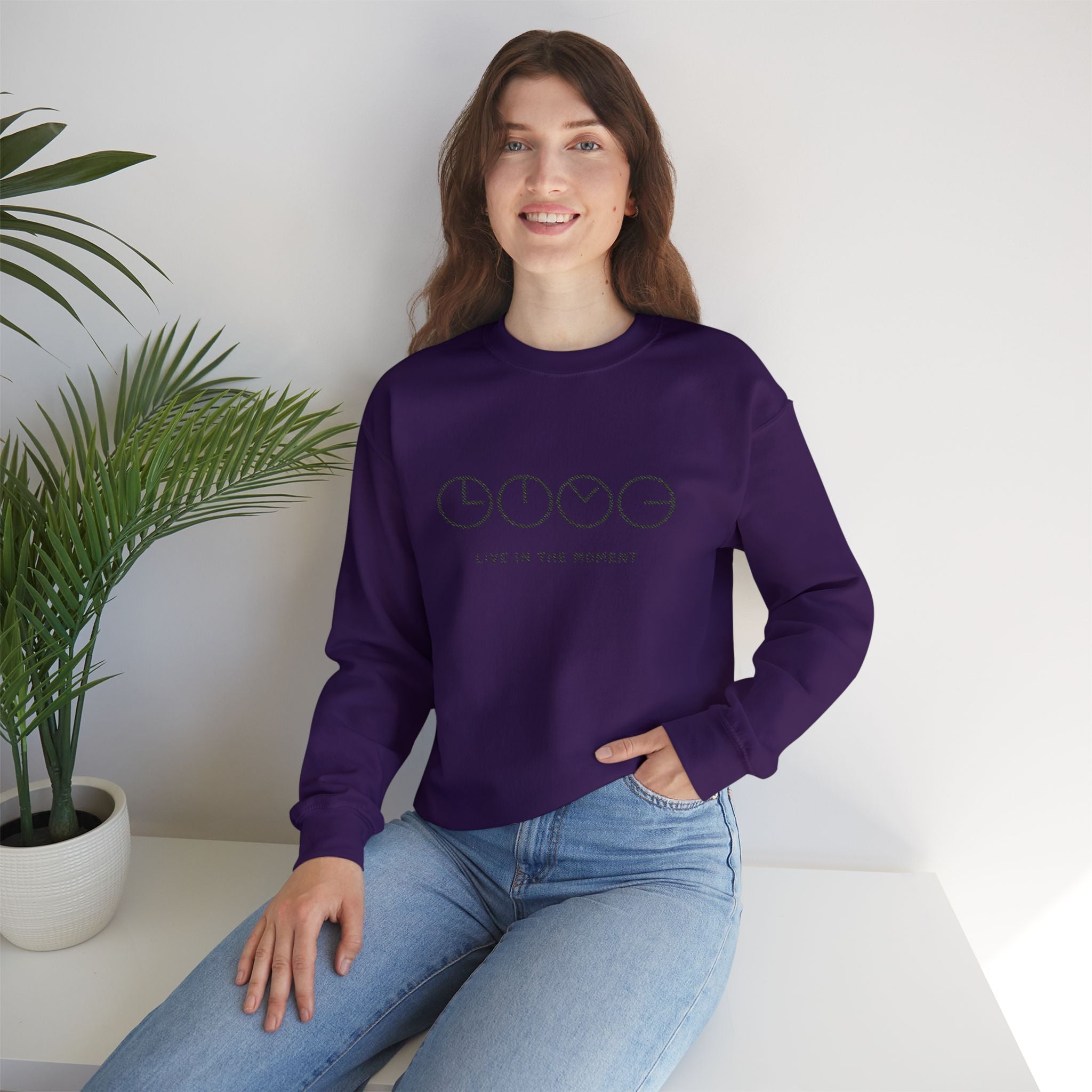 Live In The Moment Crewneck Sweatshirt — Minimal Clock Graphic Embroidered