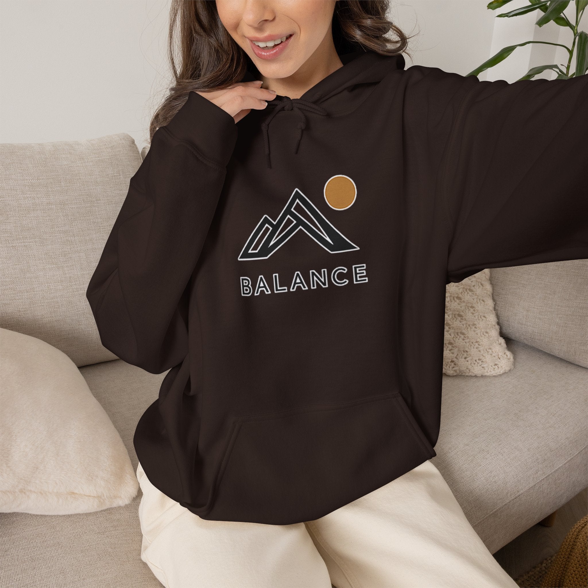 Balance Mountain Hoodie — Minimalist Sunrise Graphic Hooded Sweatshirt
