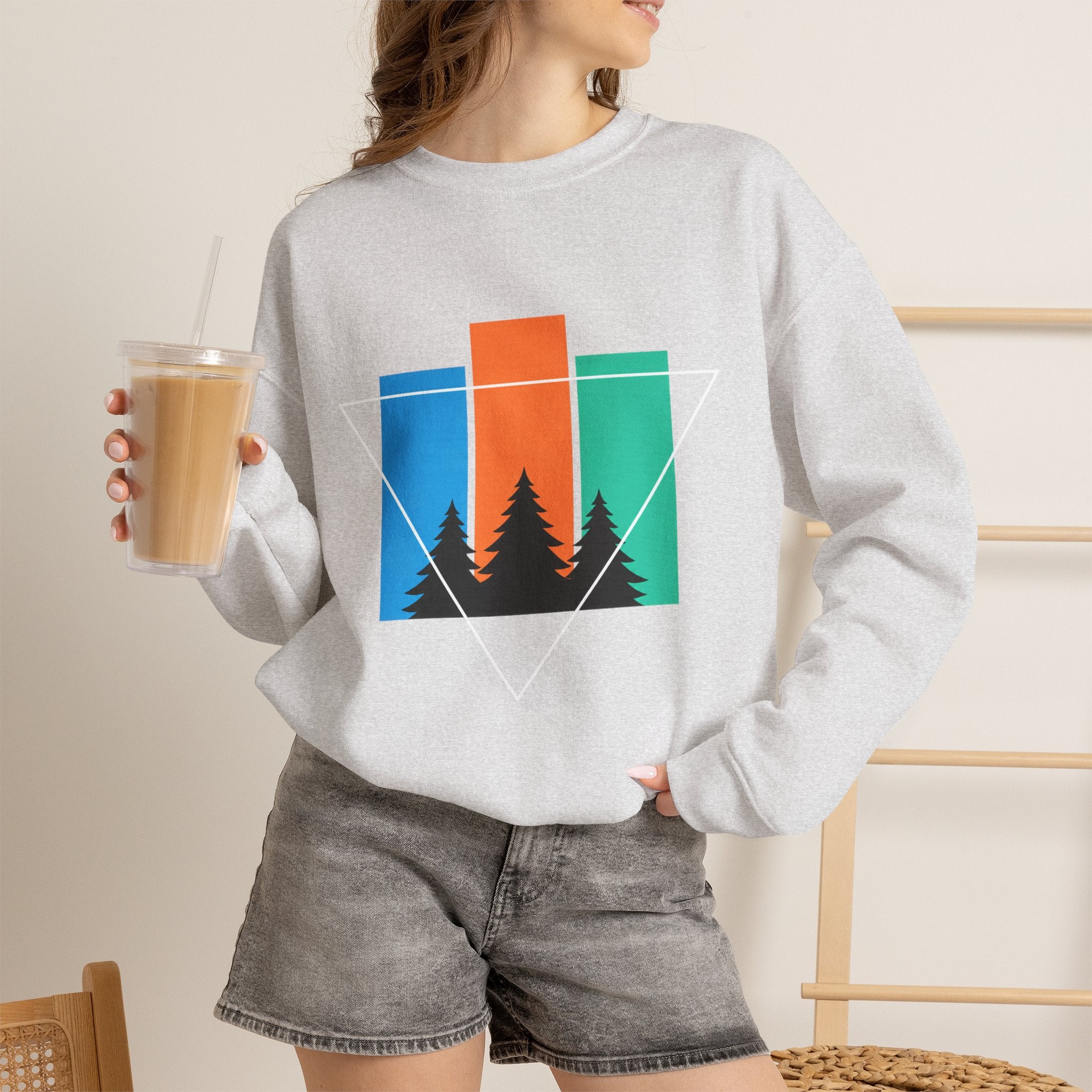 Retro Forest Crewneck Sweatshirt — Colorblock Trees Graphic