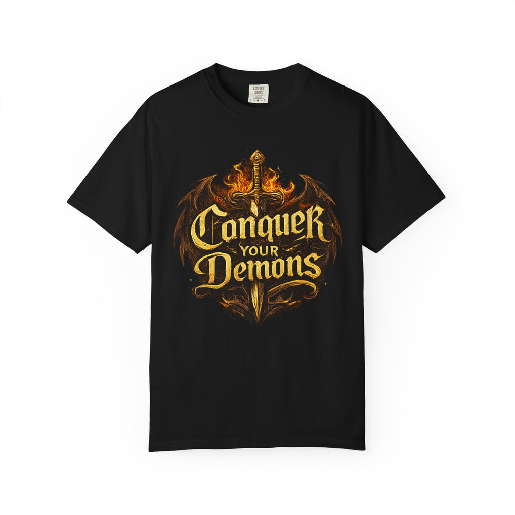 Conquer Your Demons T-Shirt — Gothic Sword & Flames Motivational Tee