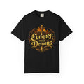 Conquer Your Demons T-Shirt — Gothic Sword & Flames Motivational Tee