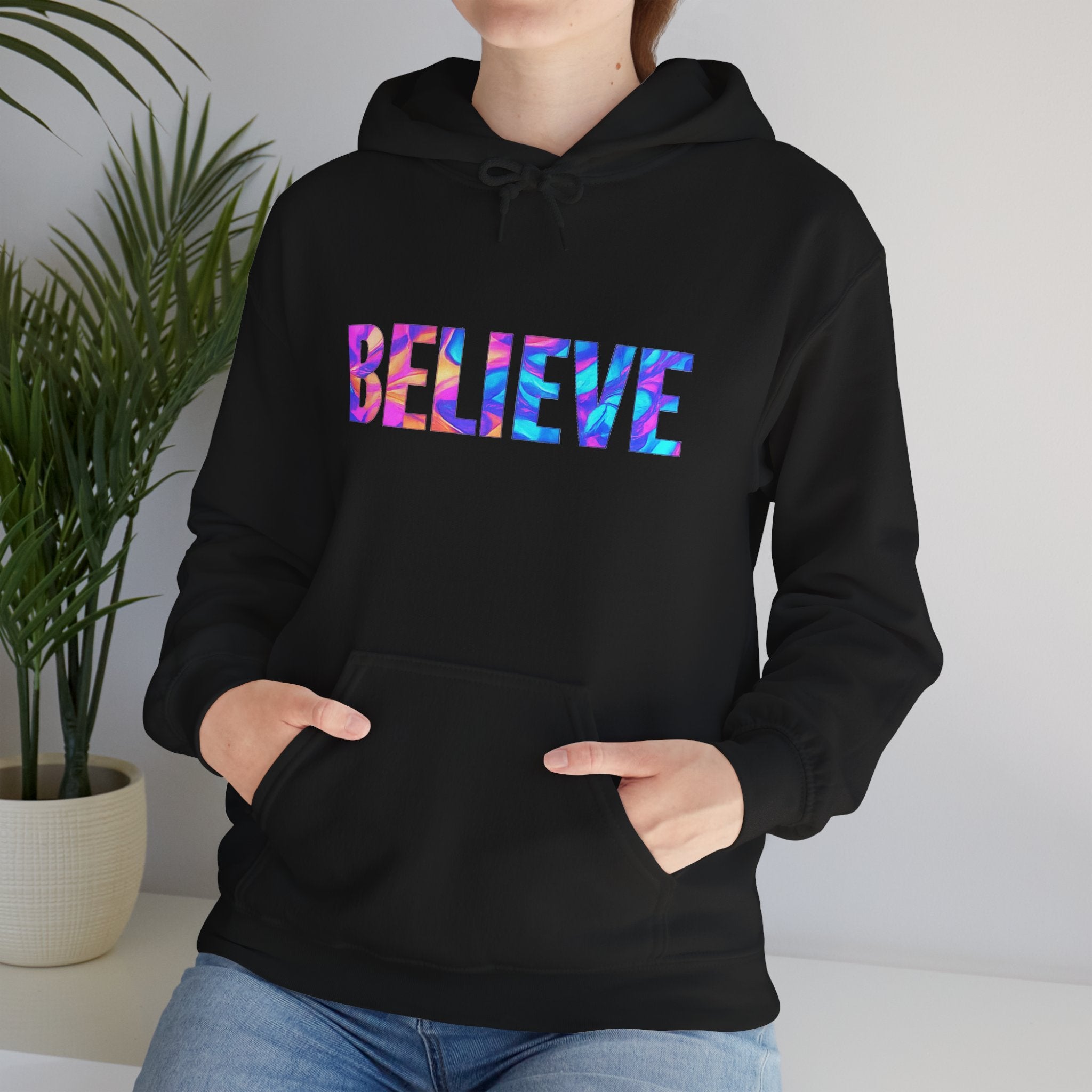 Believe in Yourself Hoodie — Colorful Watercolor Text Inspirational Sweatshirt