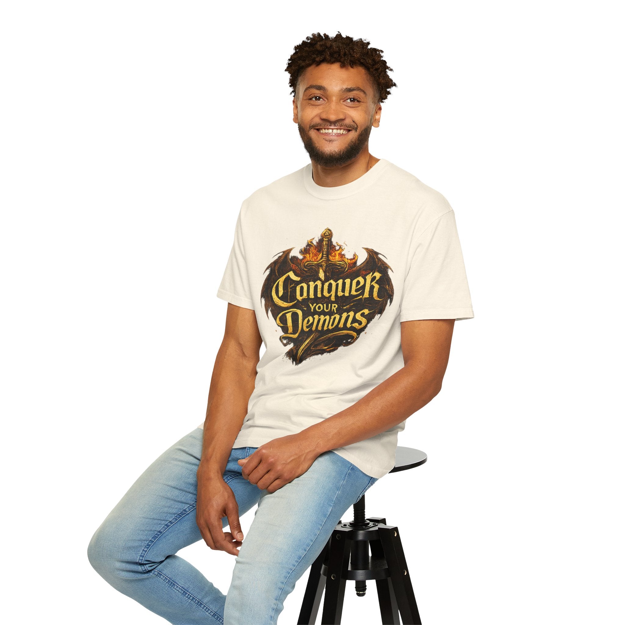 Conquer Your Demons T-Shirt — Gothic Sword & Flames Motivational Tee