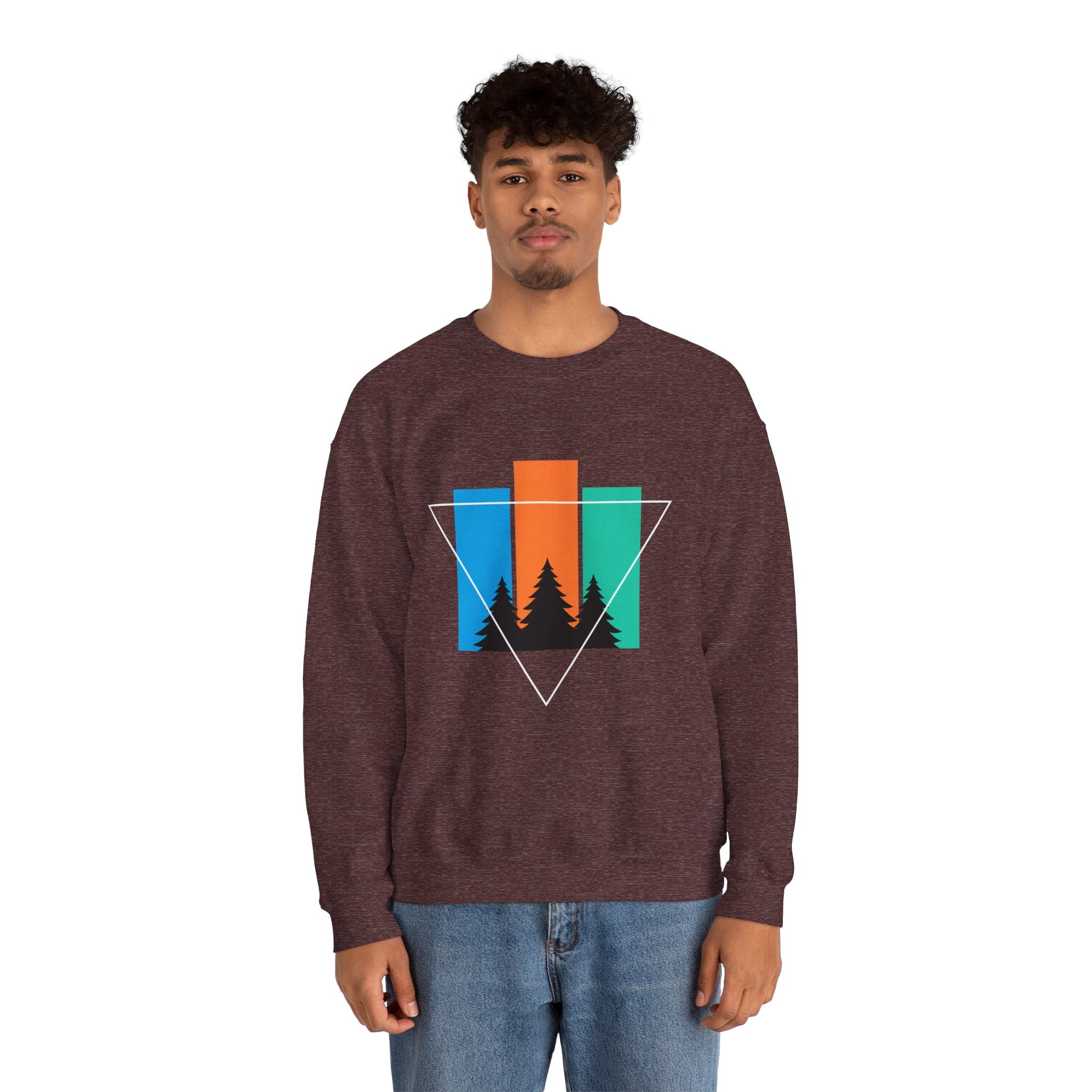 Retro Forest Crewneck Sweatshirt — Colorblock Trees Graphic