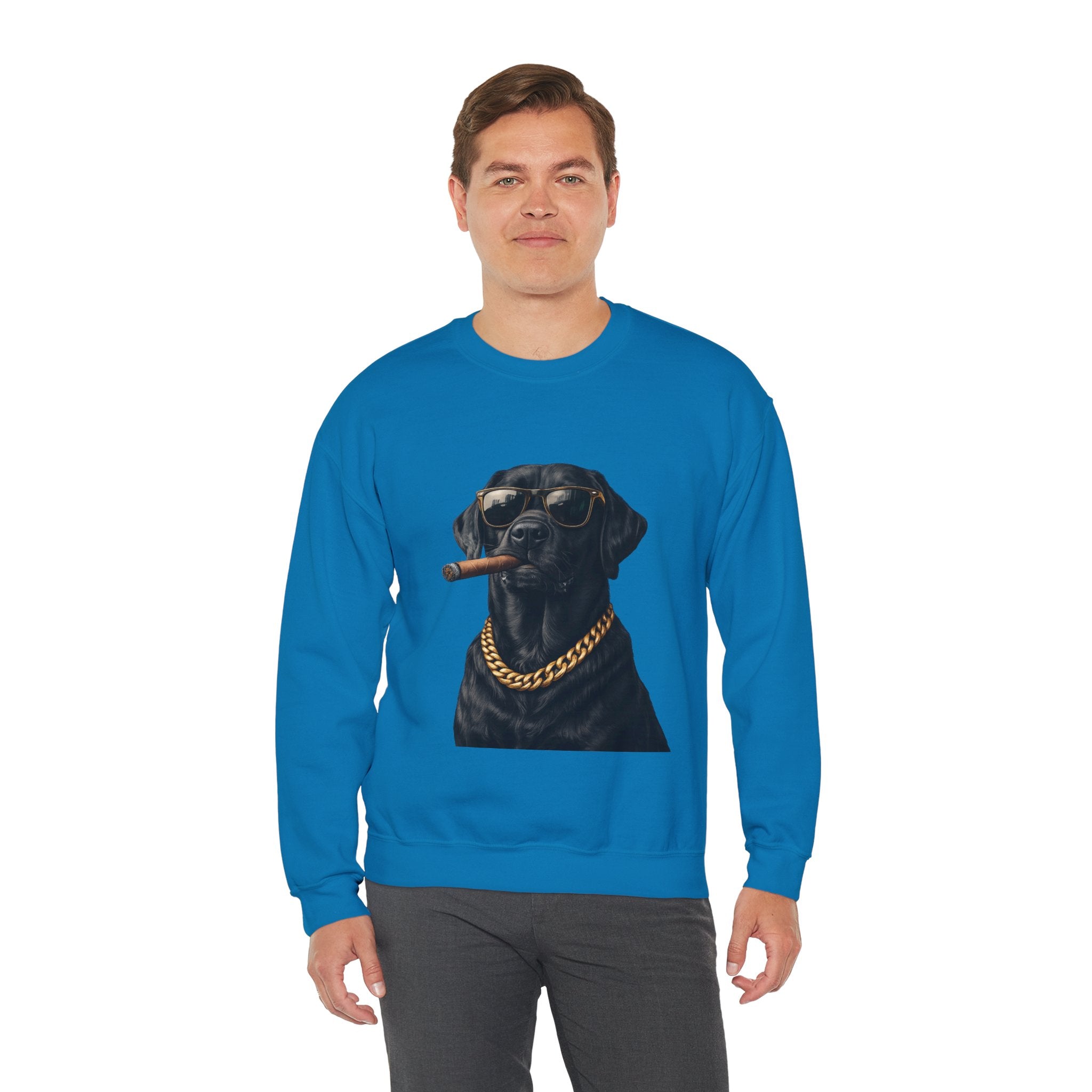 Cool Black Lab Crewneck Sweatshirt — Dog with Cigar & Gold Chain Graphic