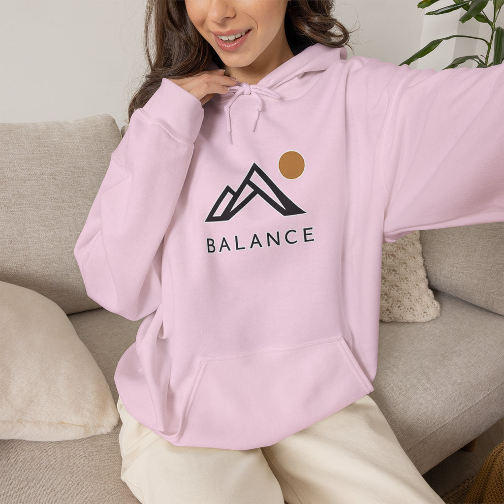 Balance Mountain Hoodie — Minimalist Sunrise Graphic Hooded Sweatshirt