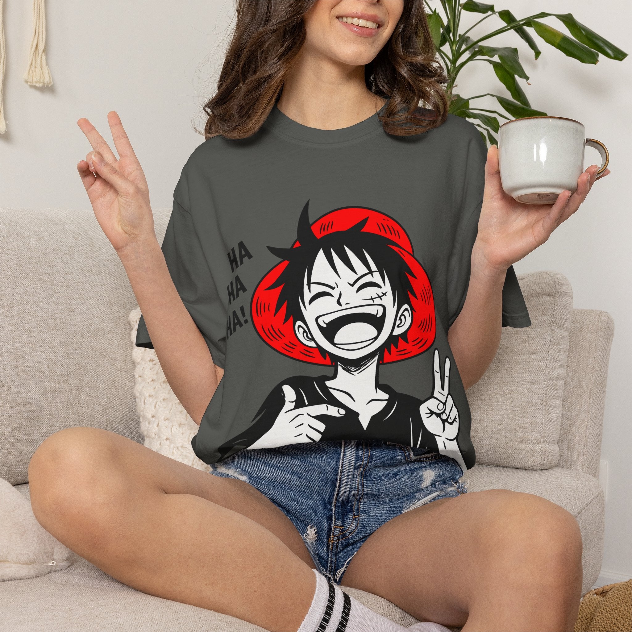 Anime Luffy Laughing Graphic T-shirt - Monkey D. Luffy Peace Sign Tee