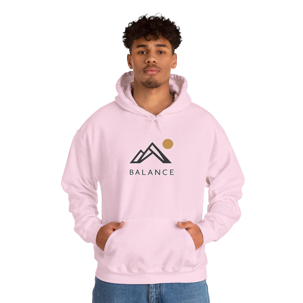 Balance Mountain Hoodie — Minimalist Sunrise Graphic Hooded Sweatshirt
