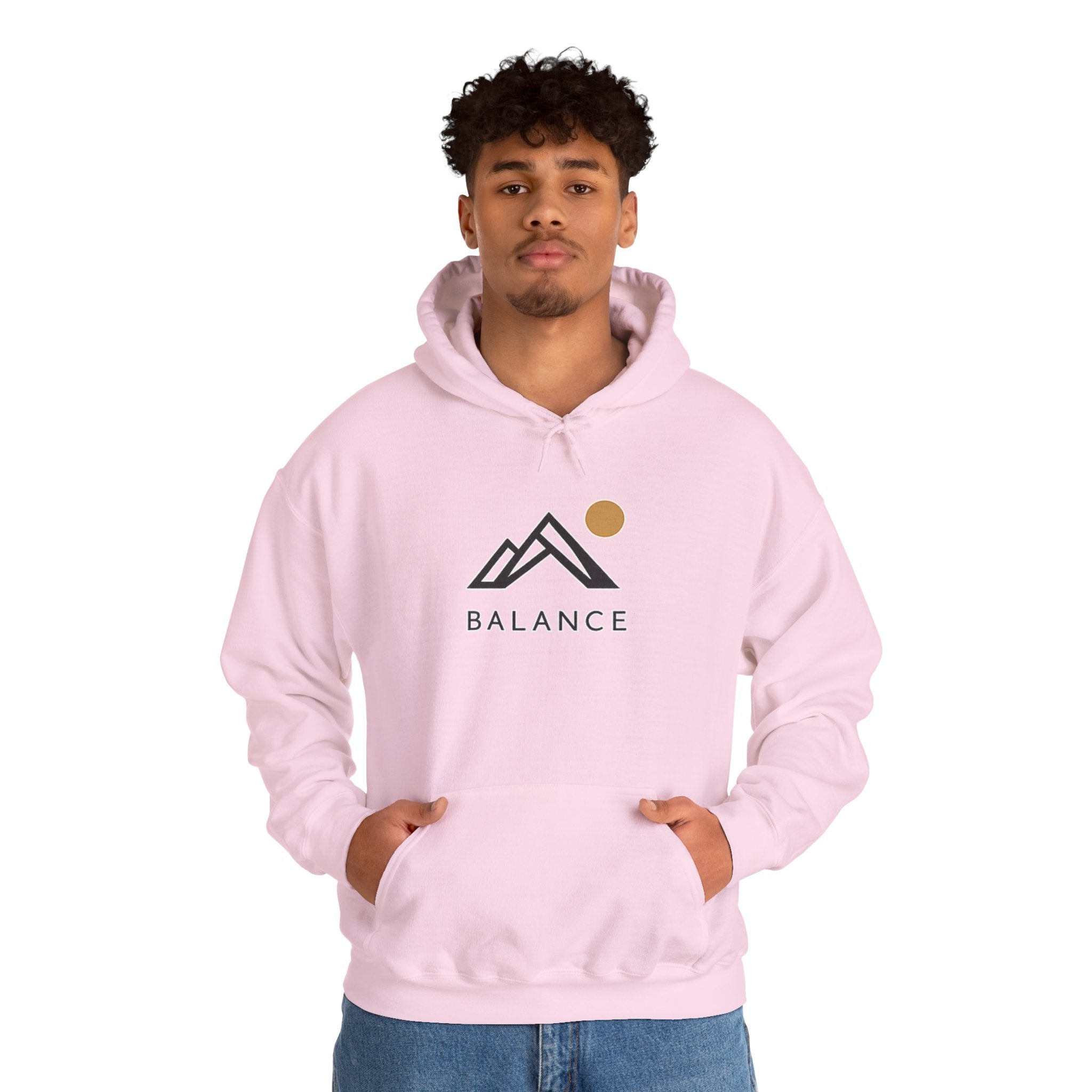 Balance Mountain Hoodie — Minimalist Sunrise Graphic Hooded Sweatshirt