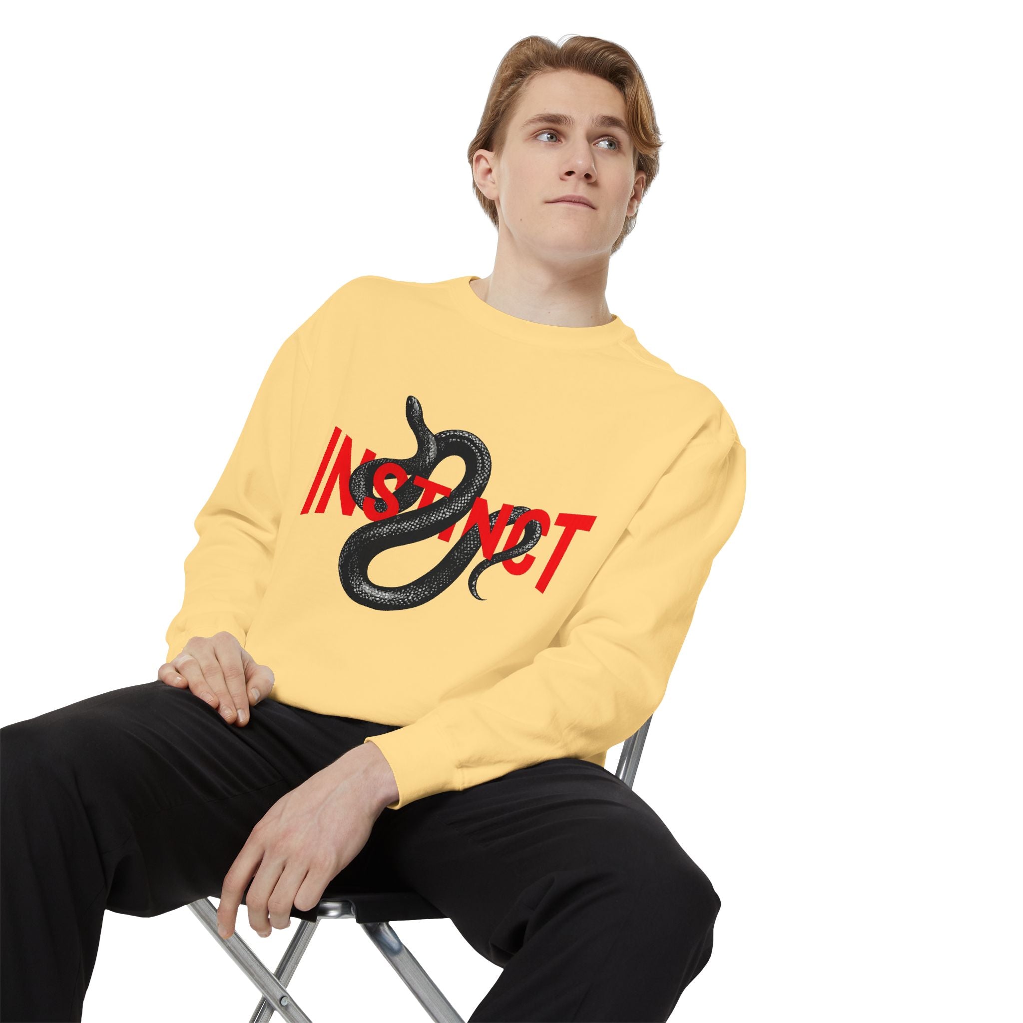 Instinct Snake Sweatshirt — Graphic Crewneck with Bold Red Text