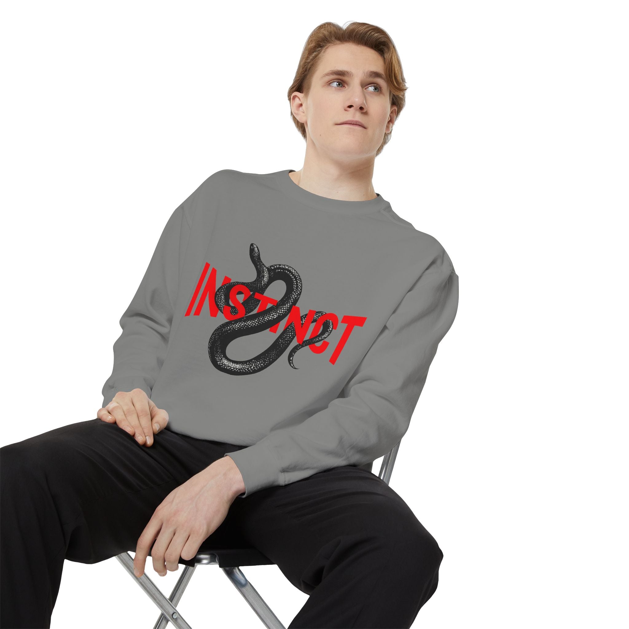 Instinct Snake Sweatshirt — Graphic Crewneck with Bold Red Text