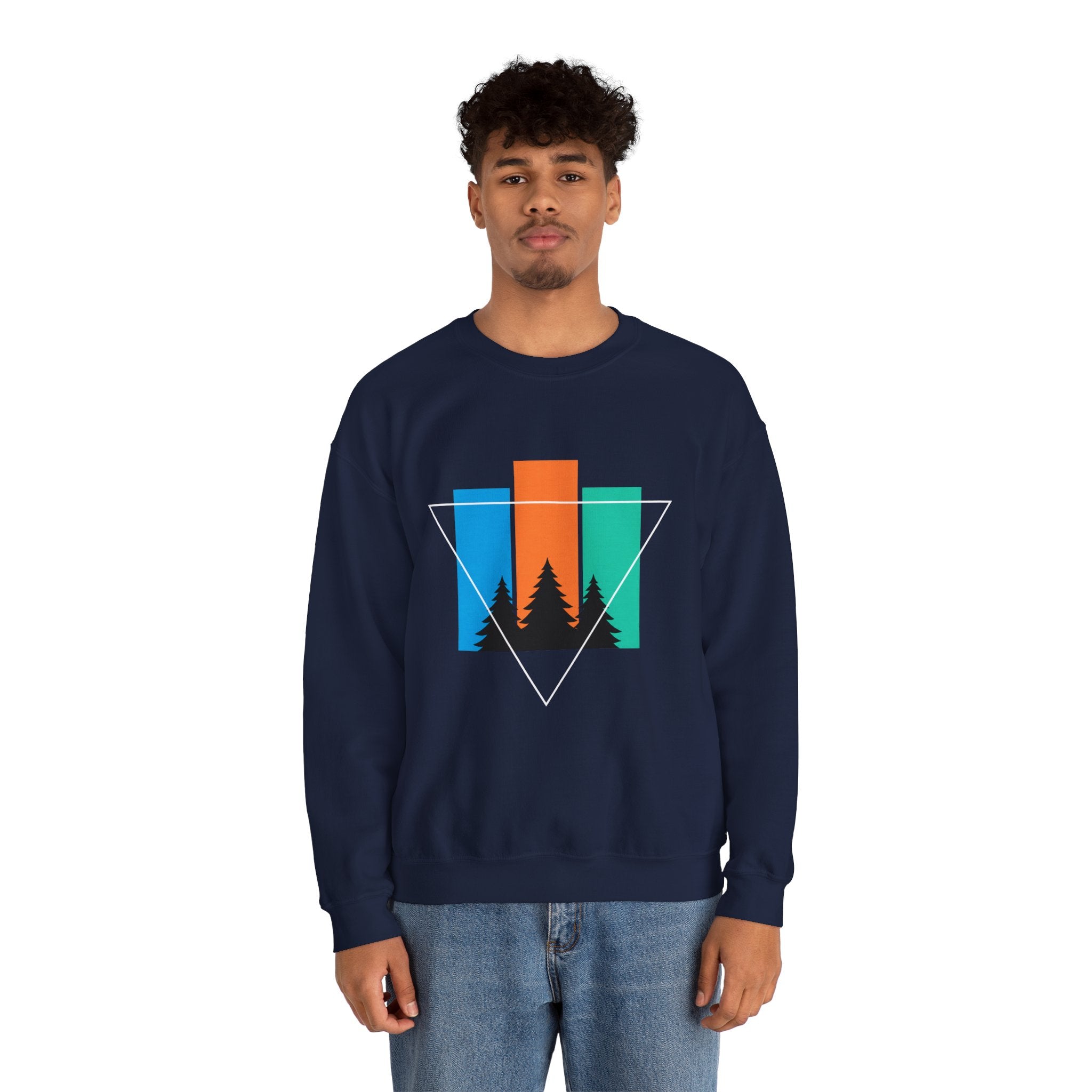 Retro Forest Crewneck Sweatshirt — Colorblock Trees Graphic