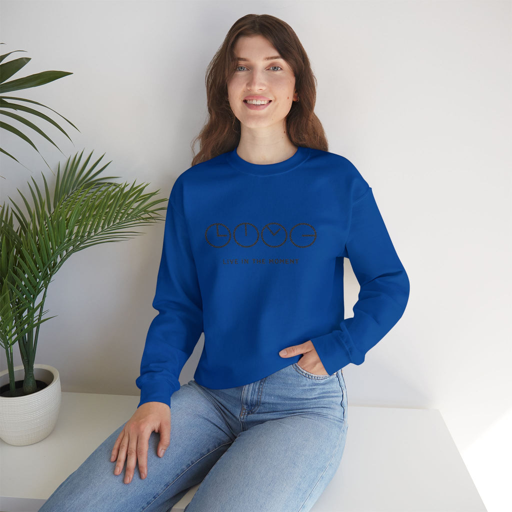 Live In The Moment Crewneck Sweatshirt — Minimal Clock Graphic Embroidered