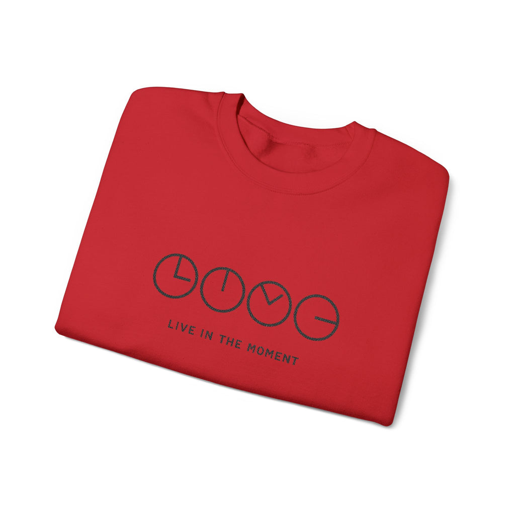 Live In The Moment Crewneck Sweatshirt — Minimal Clock Graphic Embroidered