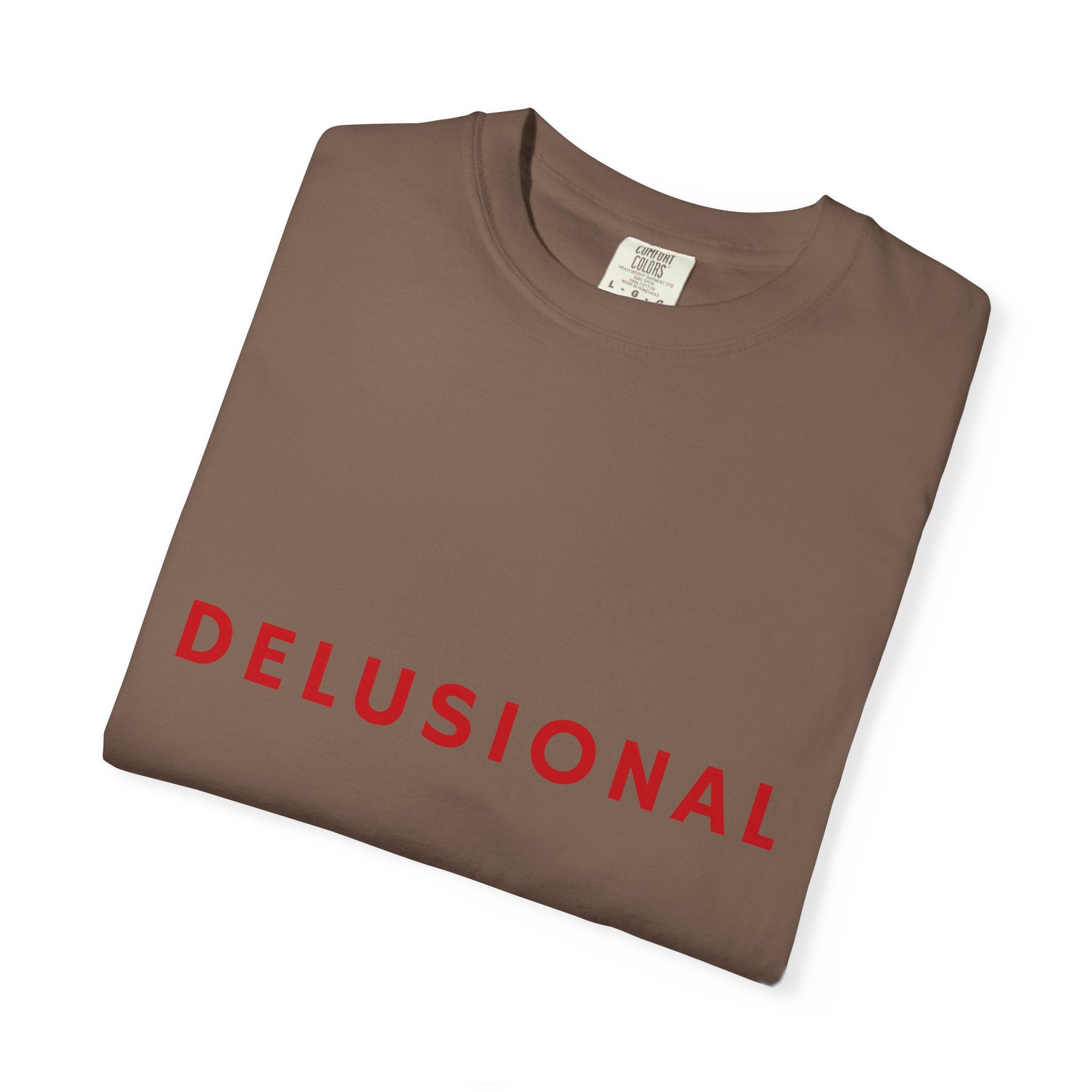 Delusional Graphic T-Shirt — Minimalist Red Text Tee