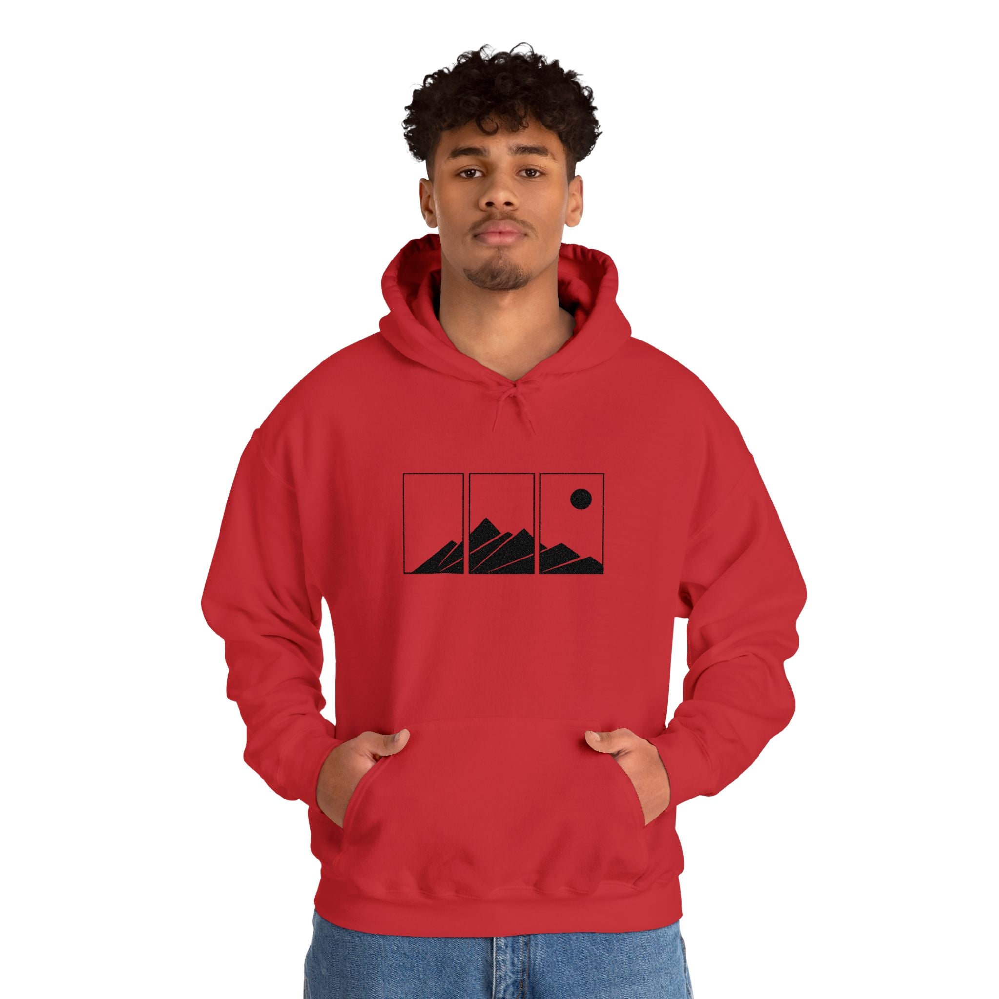 Mountain Triptych Hoodie — Minimalist Scenic Graphic Pullover Embroidered