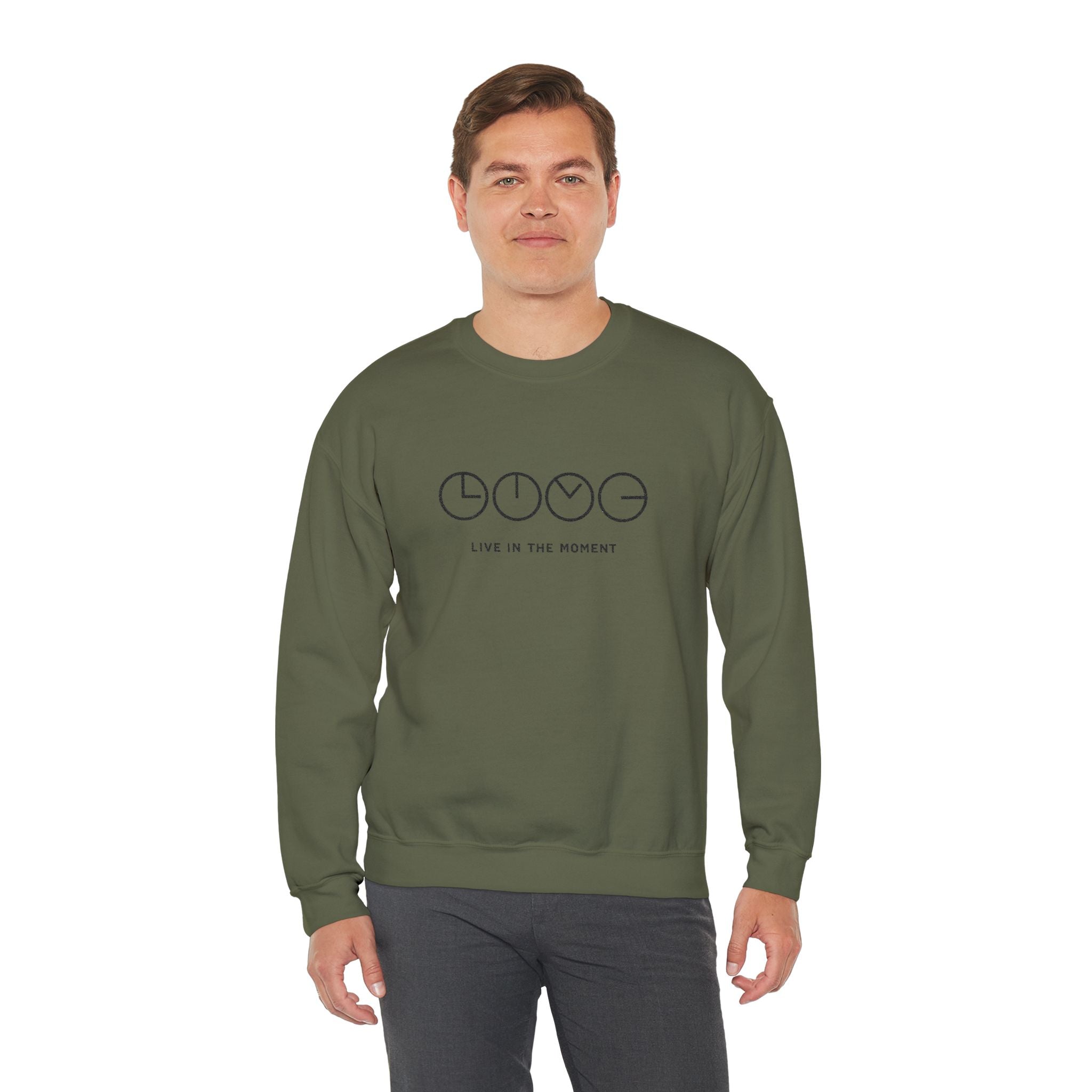 Live In The Moment Crewneck Sweatshirt — Minimal Clock Graphic Embroidered