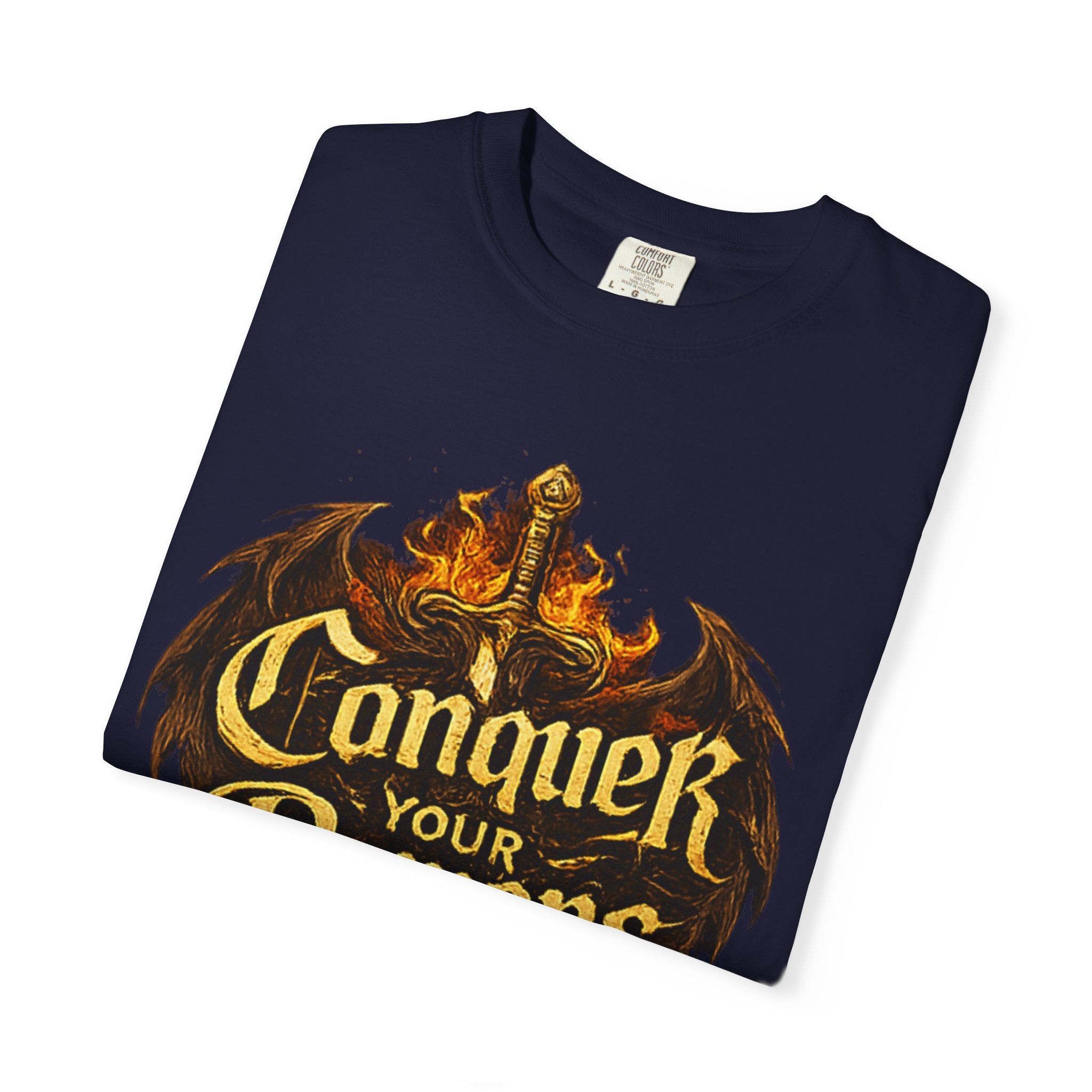 Conquer Your Demons T-Shirt — Gothic Sword & Flames Motivational Tee