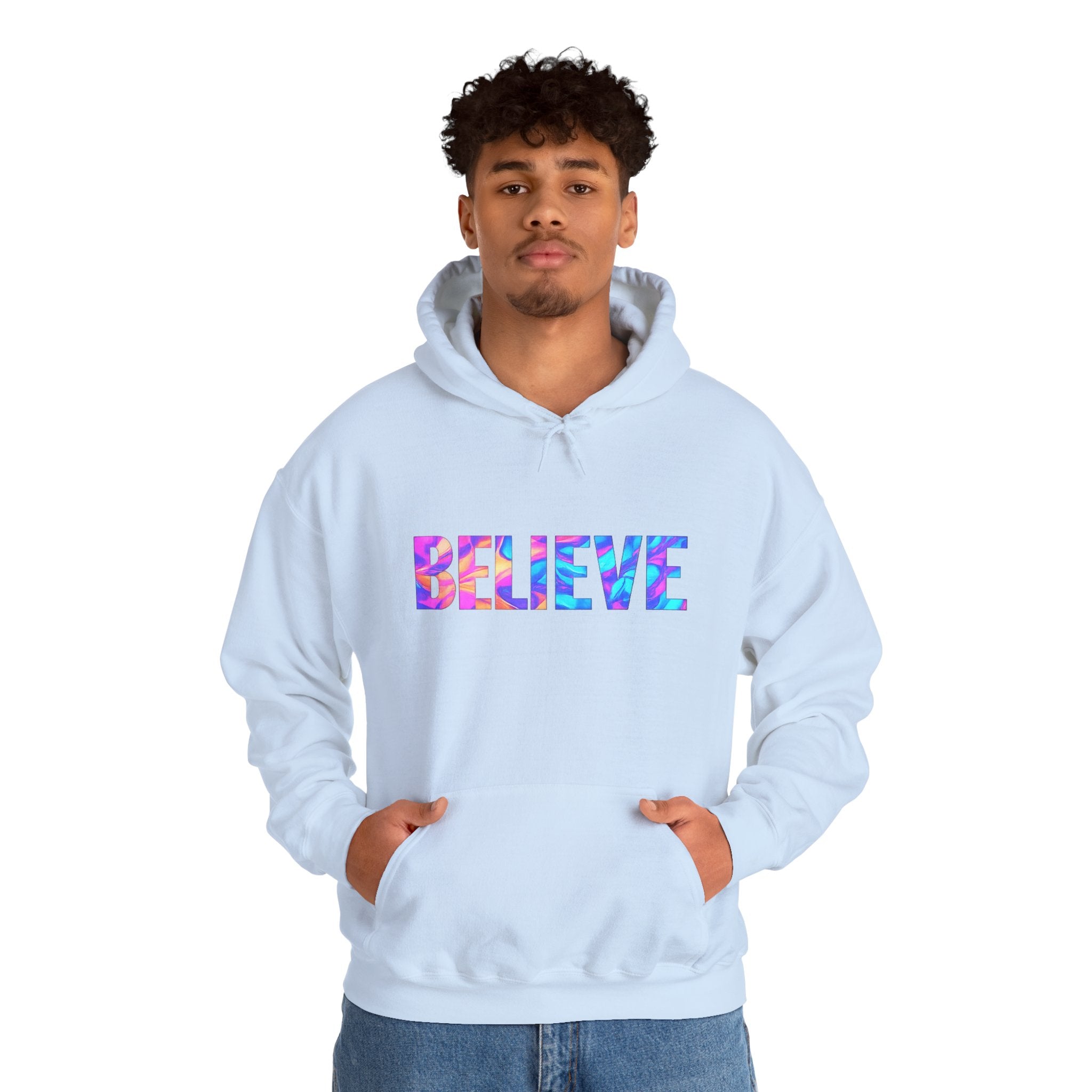 Believe in Yourself Hoodie — Colorful Watercolor Text Inspirational Sweatshirt