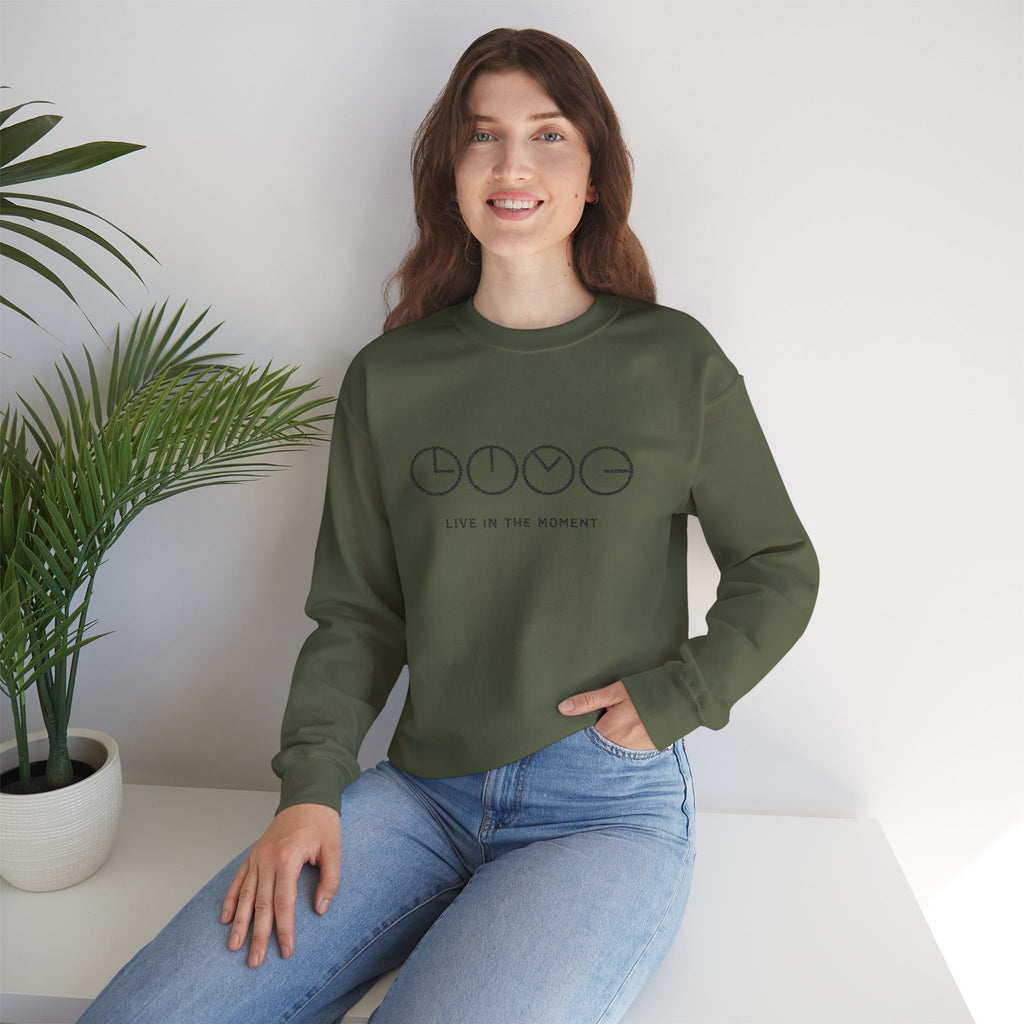Live In The Moment Crewneck Sweatshirt — Minimal Clock Graphic Embroidered