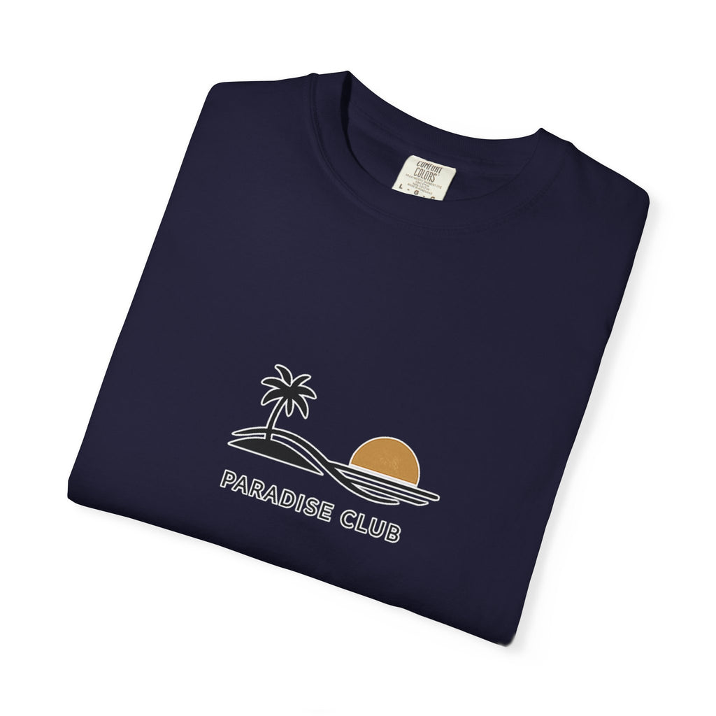 Paradise Club Tee — Minimal Sunset Palm Graphic T-Shirt