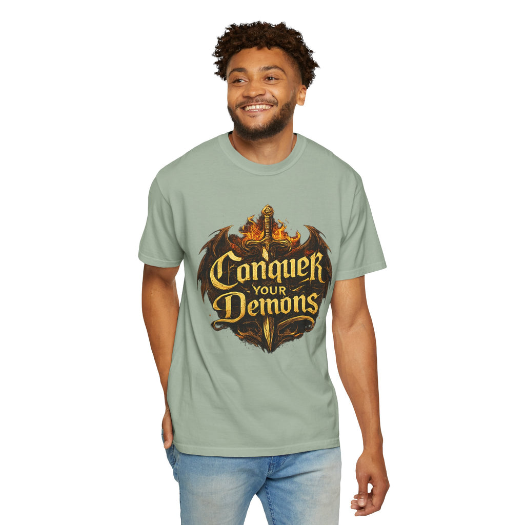 Conquer Your Demons T-Shirt — Gothic Sword & Flames Motivational Tee