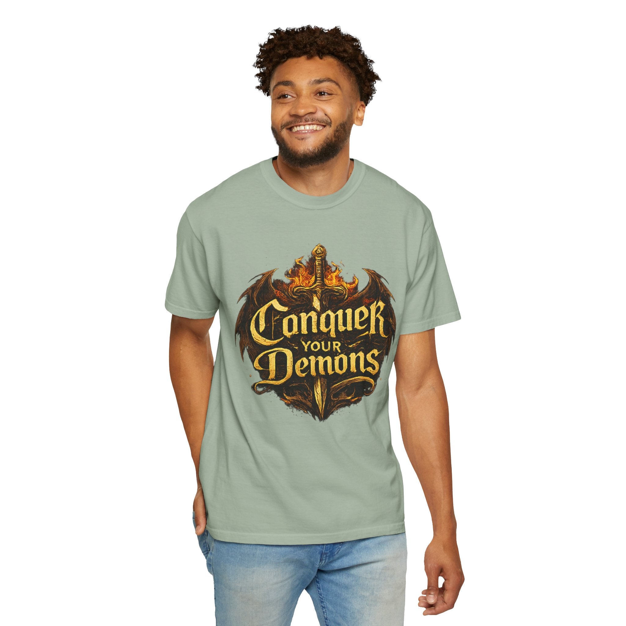 Conquer Your Demons T-Shirt — Gothic Sword & Flames Motivational Tee