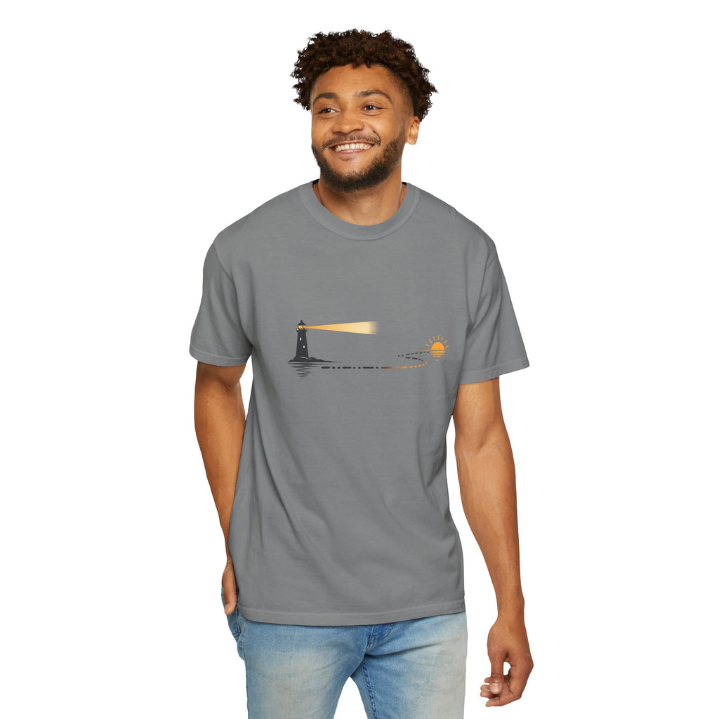 Lighthouse Sunset T-Shirt — Nautical Coastal Tee with Beacon Graphic