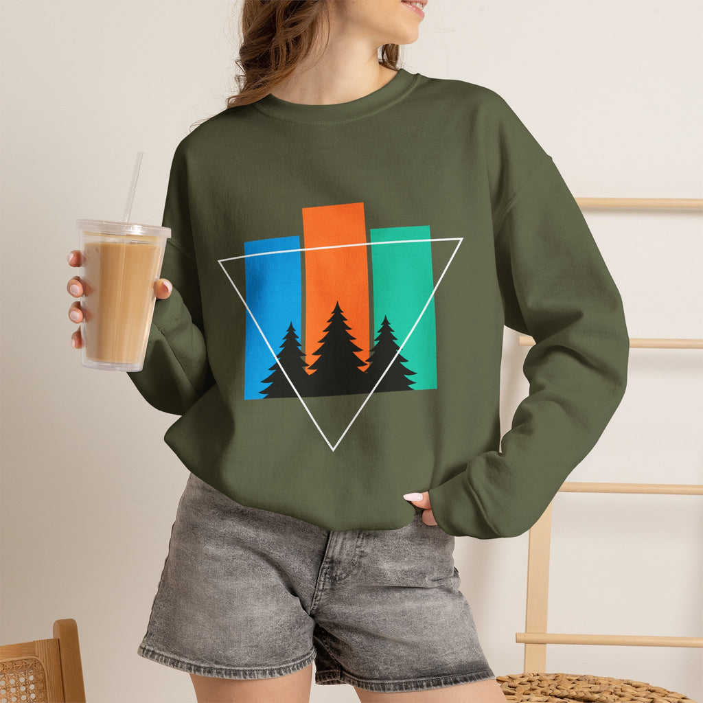 Retro Forest Crewneck Sweatshirt — Colorblock Trees Graphic