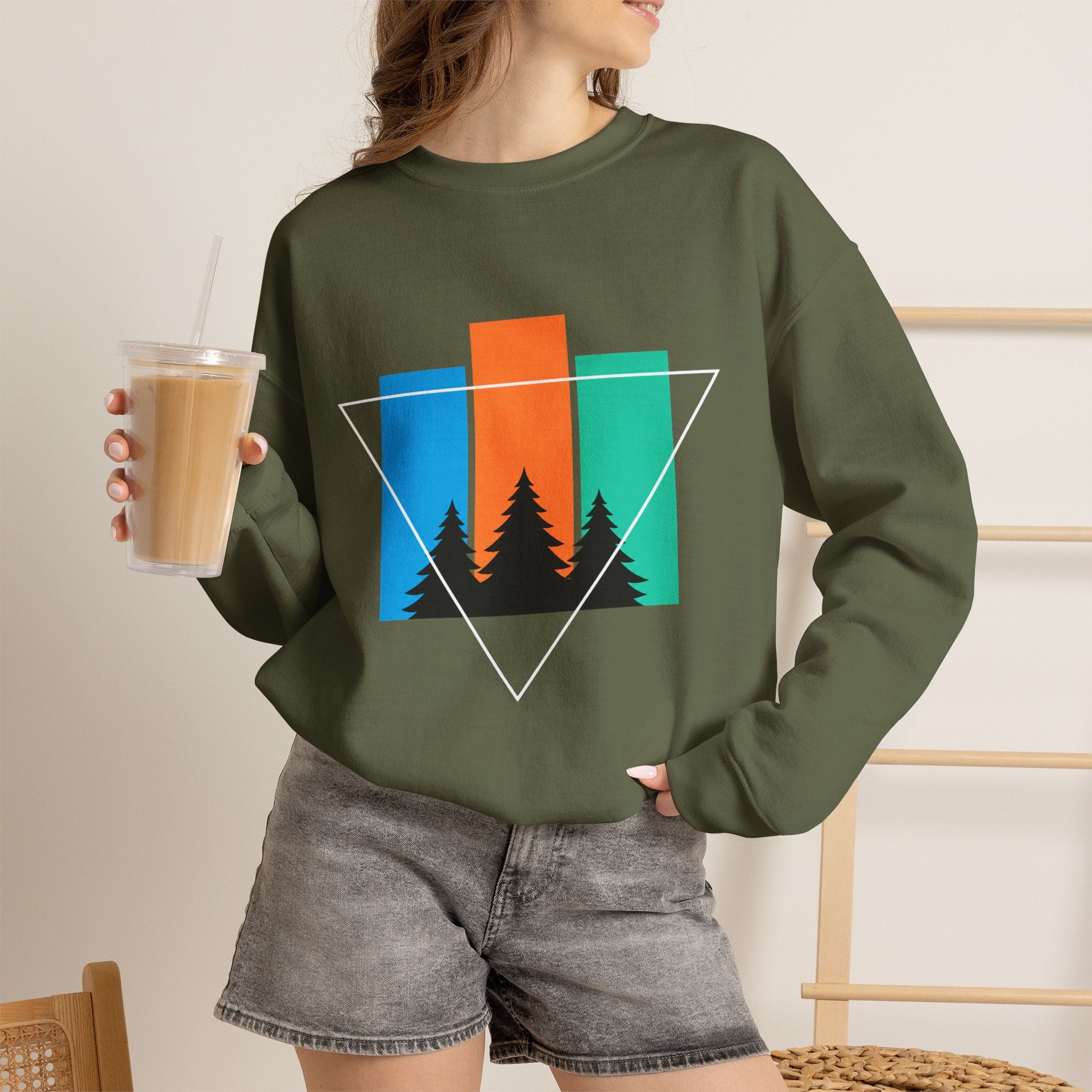 Retro Forest Crewneck Sweatshirt — Colorblock Trees Graphic