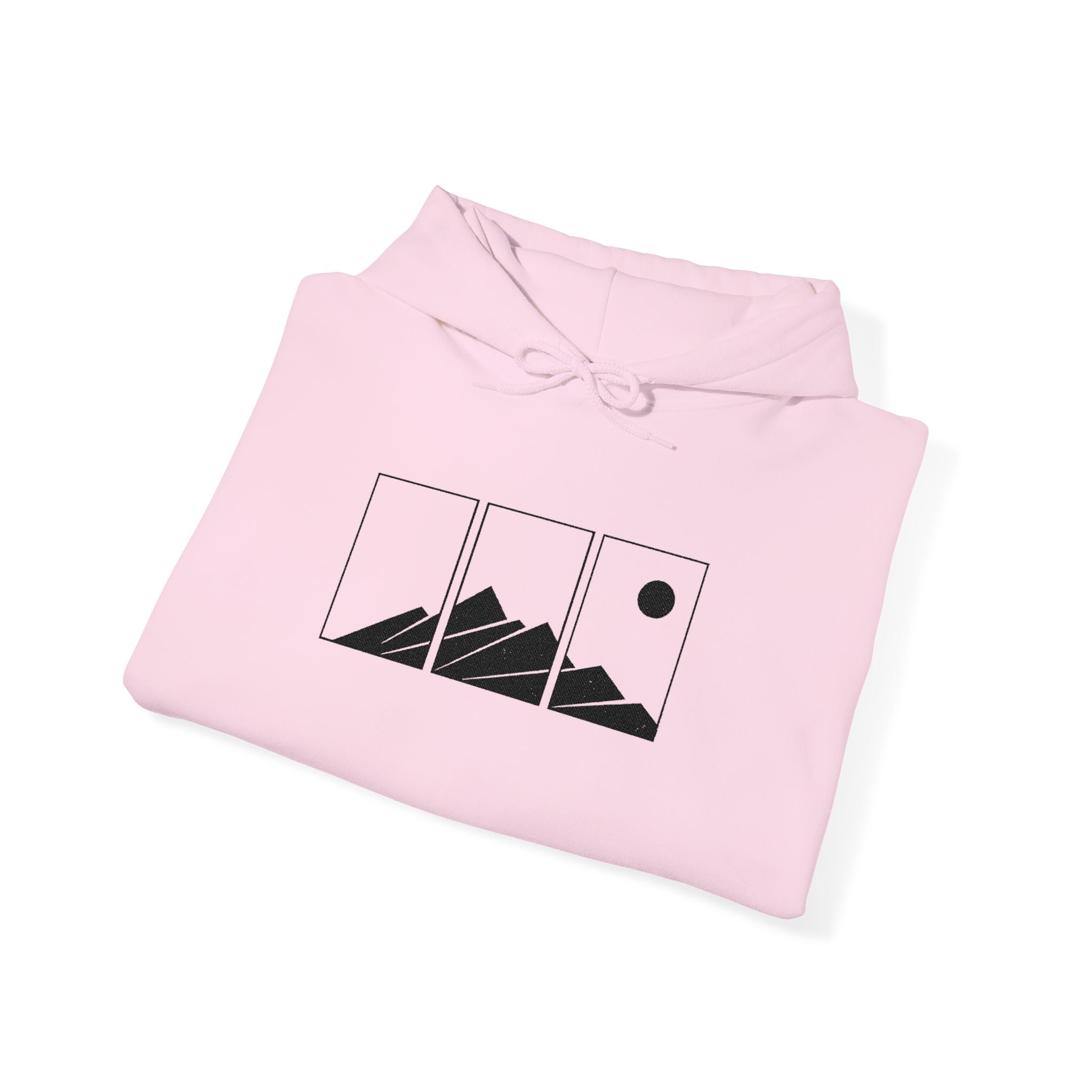 Mountain Triptych Hoodie — Minimalist Scenic Graphic Pullover Embroidered