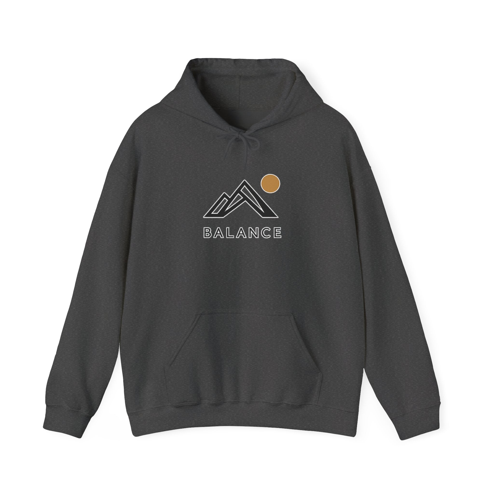 Balance Mountain Hoodie — Minimalist Sunrise Graphic Hooded Sweatshirt