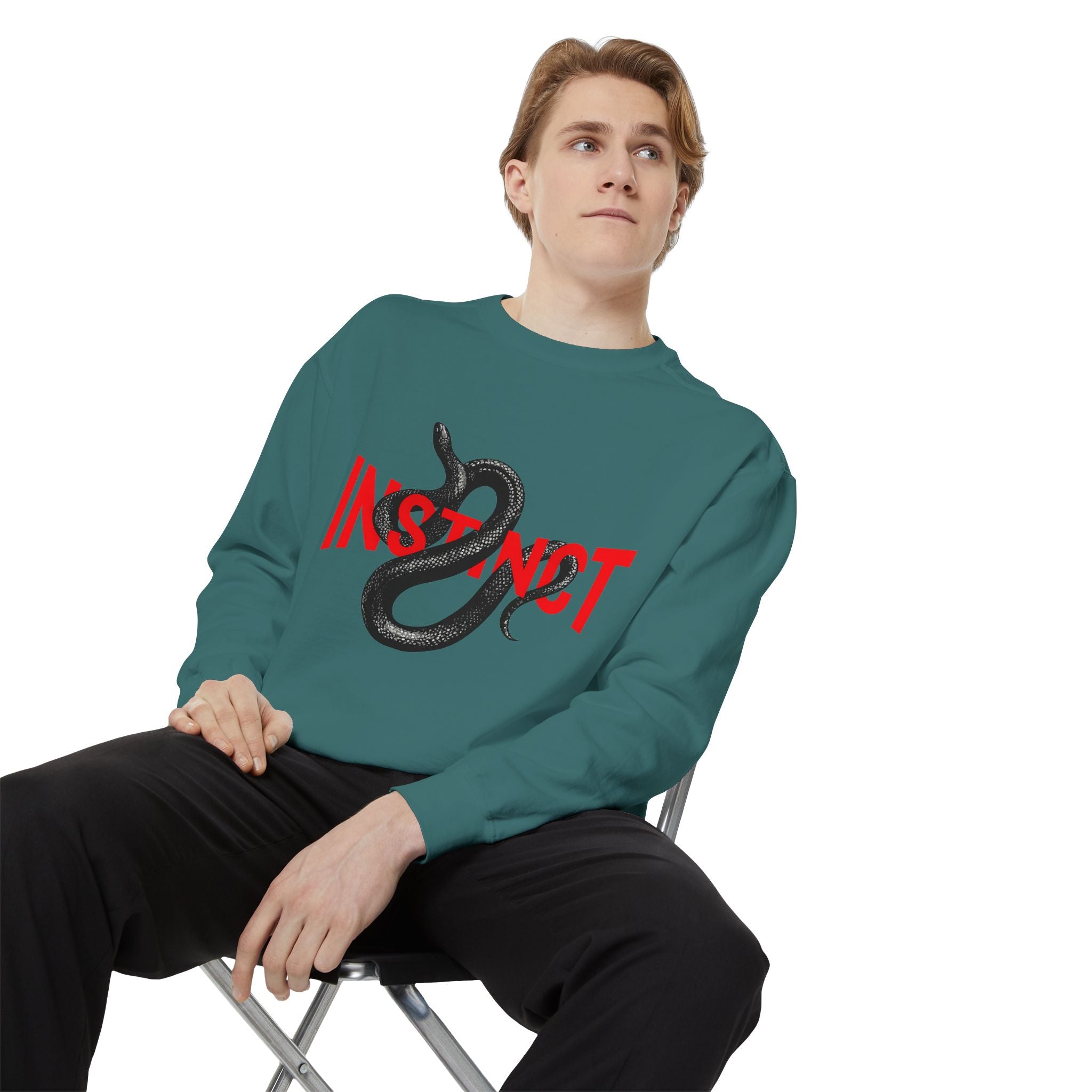 Instinct Snake Sweatshirt — Graphic Crewneck with Bold Red Text