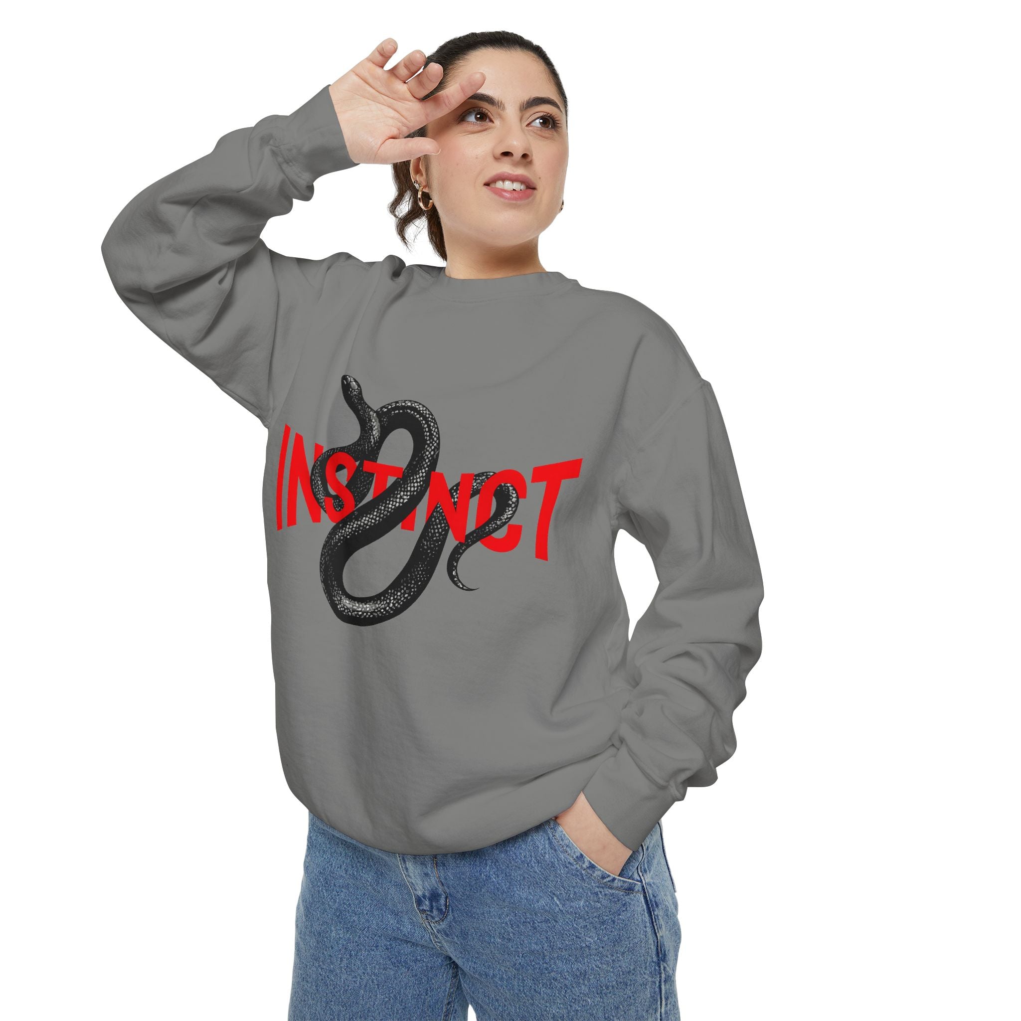 Instinct Snake Sweatshirt — Graphic Crewneck with Bold Red Text