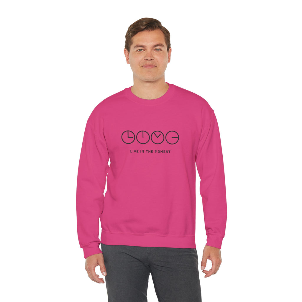 Live In The Moment Crewneck Sweatshirt — Minimal Clock Graphic Embroidered