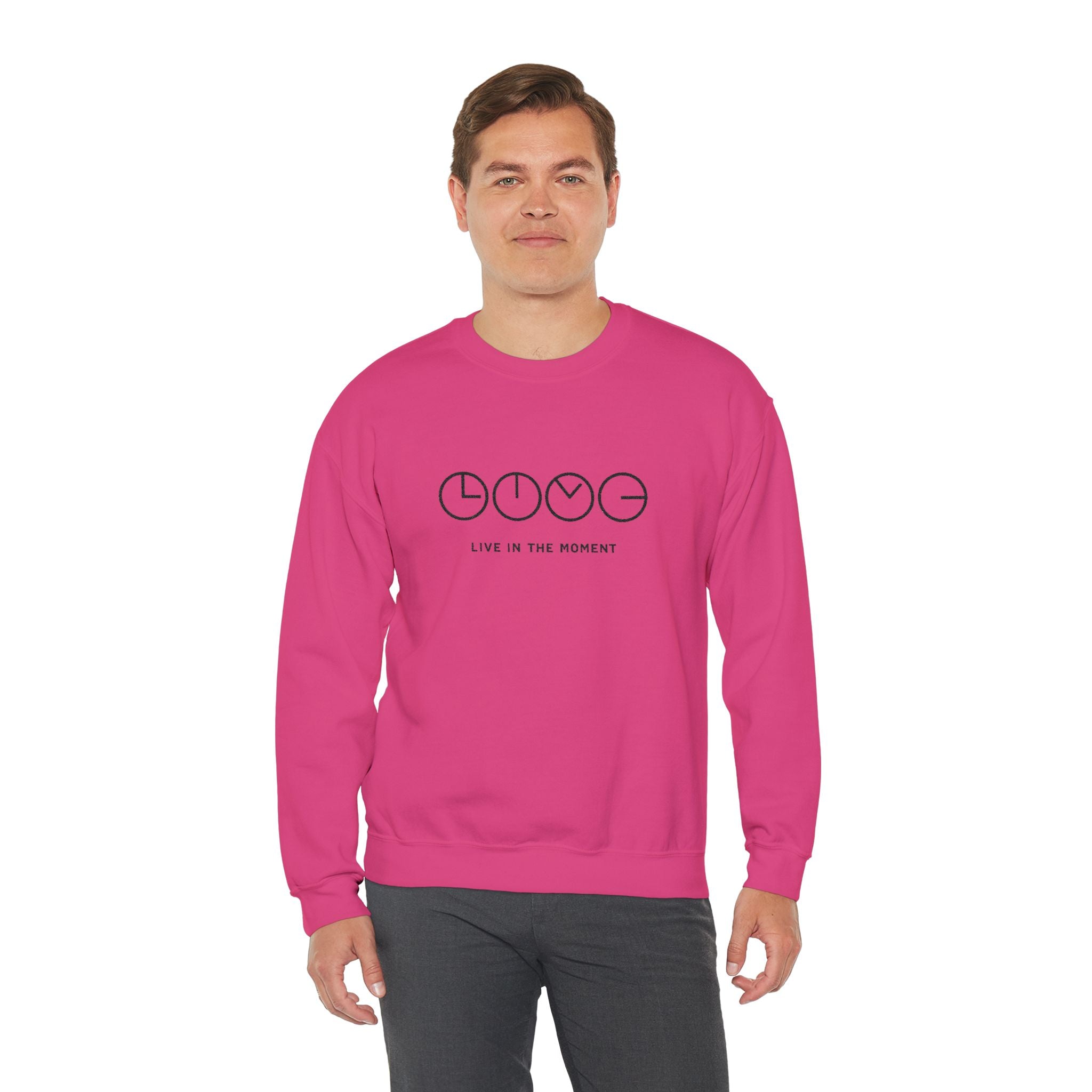 Live In The Moment Crewneck Sweatshirt — Minimal Clock Graphic Embroidered