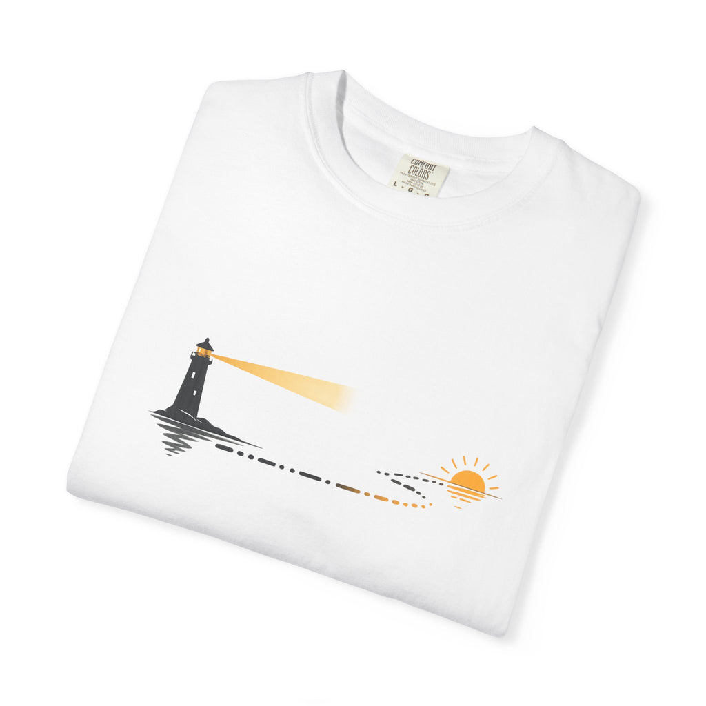 Lighthouse Sunset T-Shirt — Nautical Coastal Tee with Beacon Graphic