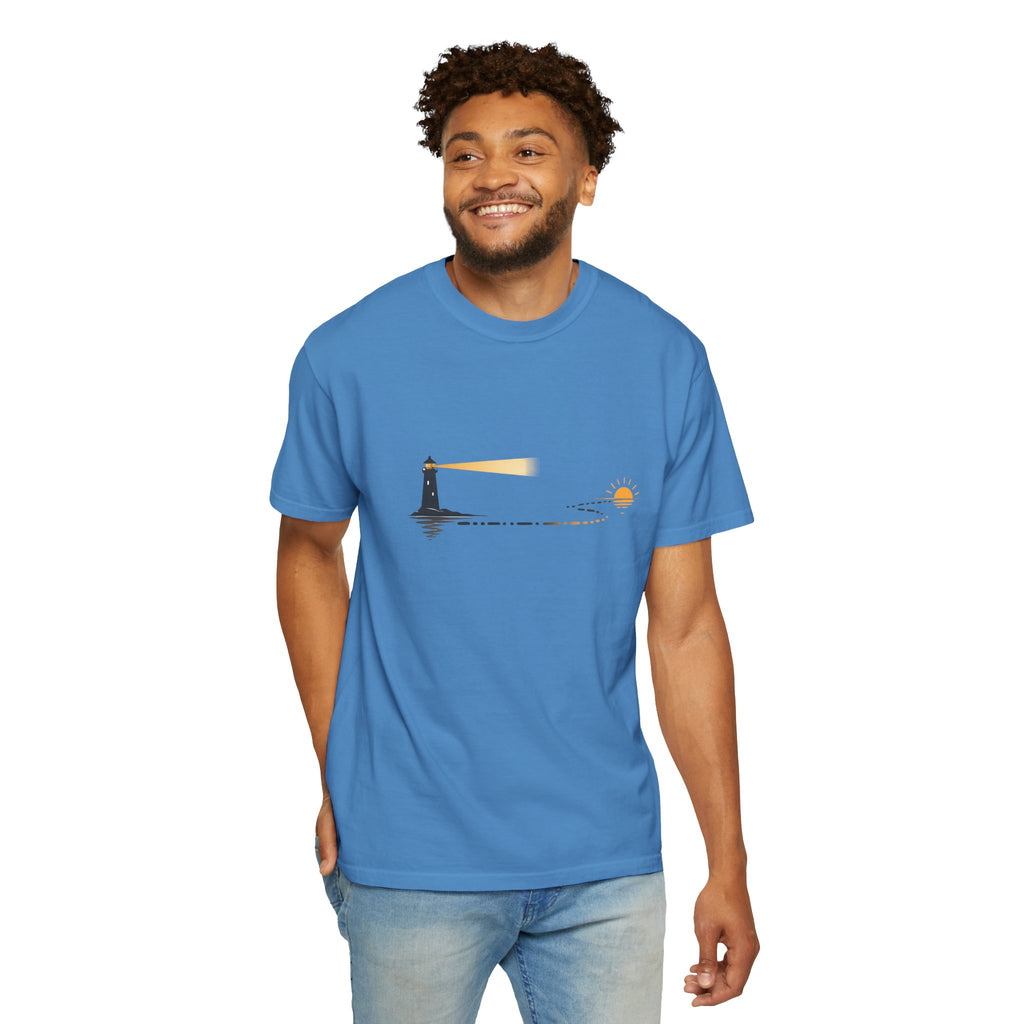 Lighthouse Sunset T-Shirt — Nautical Coastal Tee with Beacon Graphic