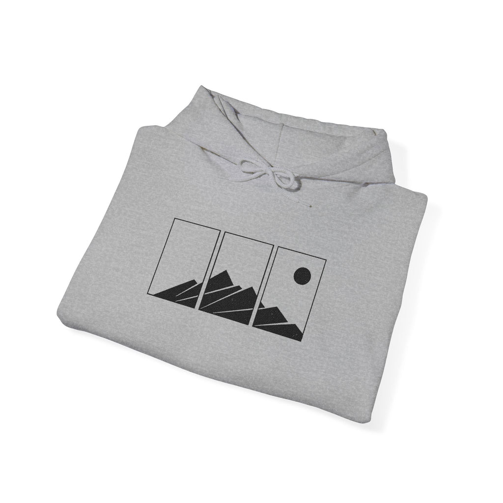 Mountain Triptych Hoodie — Minimalist Scenic Graphic Pullover Embroidered