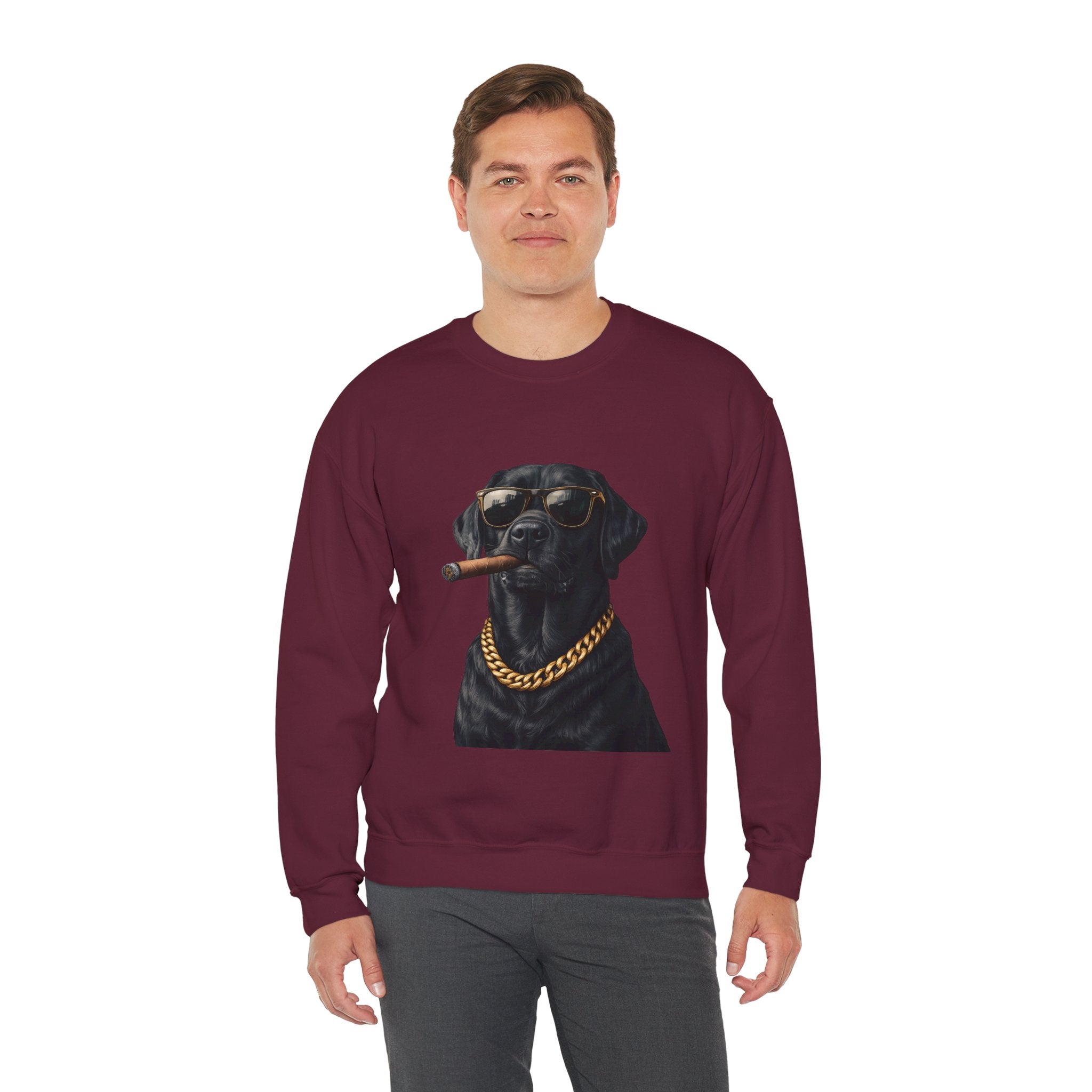 Cool Black Lab Crewneck Sweatshirt — Dog with Cigar & Gold Chain Graphic