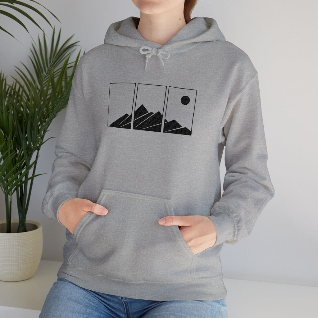 Mountain Triptych Hoodie — Minimalist Scenic Graphic Pullover Embroidered
