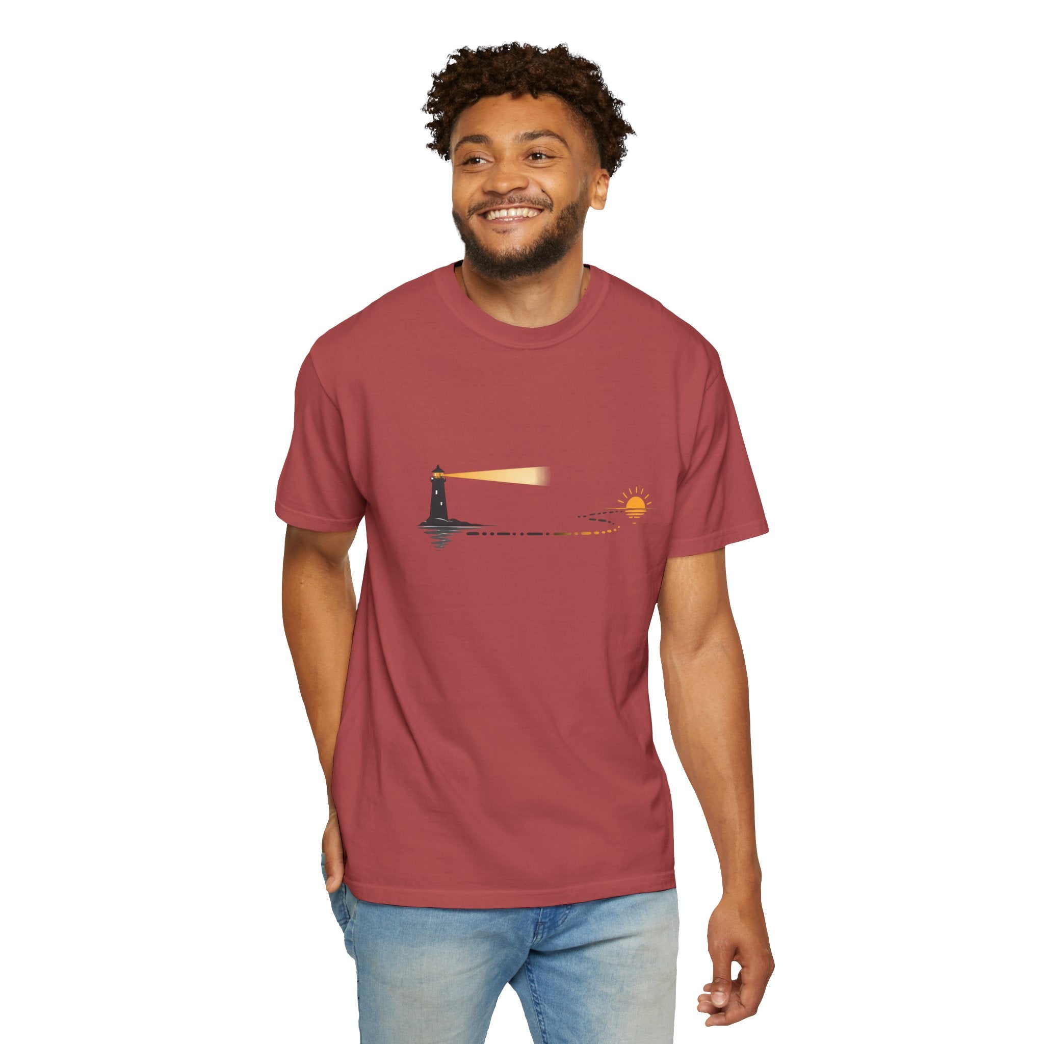 Lighthouse Sunset T-Shirt — Nautical Coastal Tee with Beacon Graphic