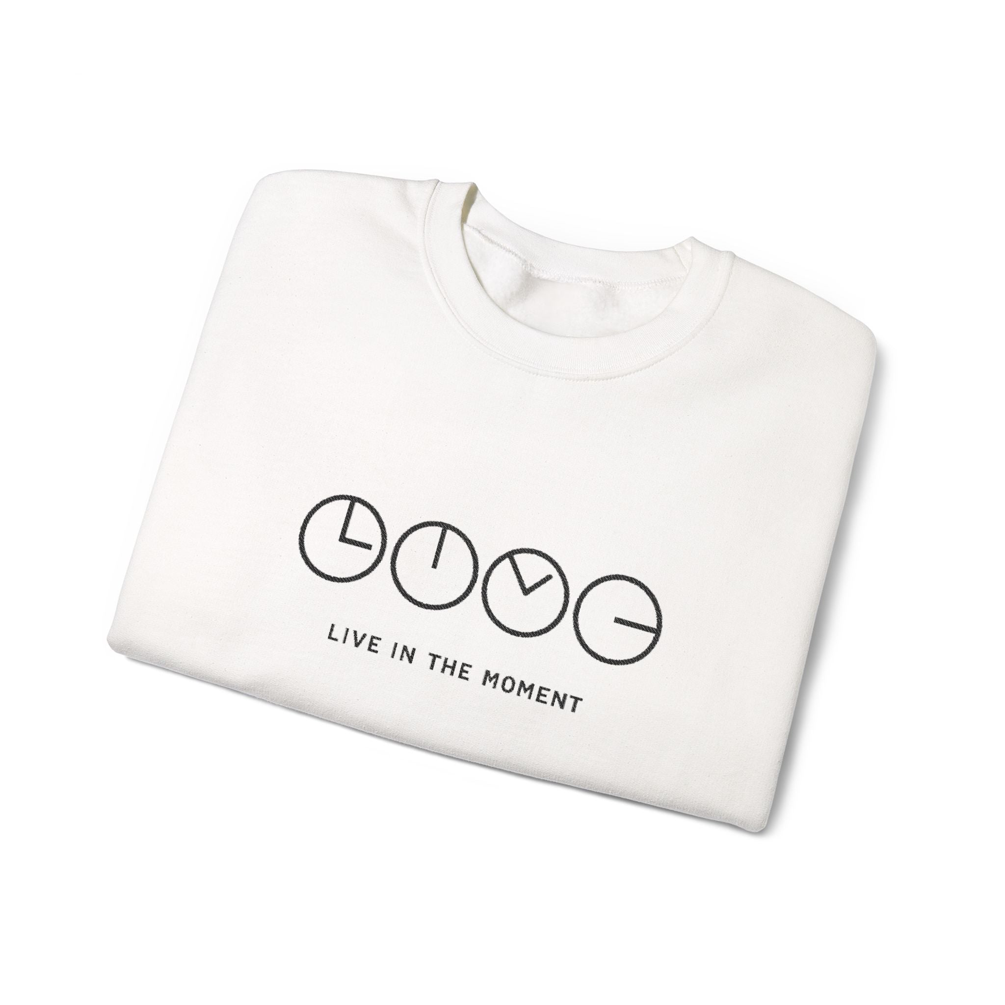 Live In The Moment Crewneck Sweatshirt — Minimal Clock Graphic Embroidered
