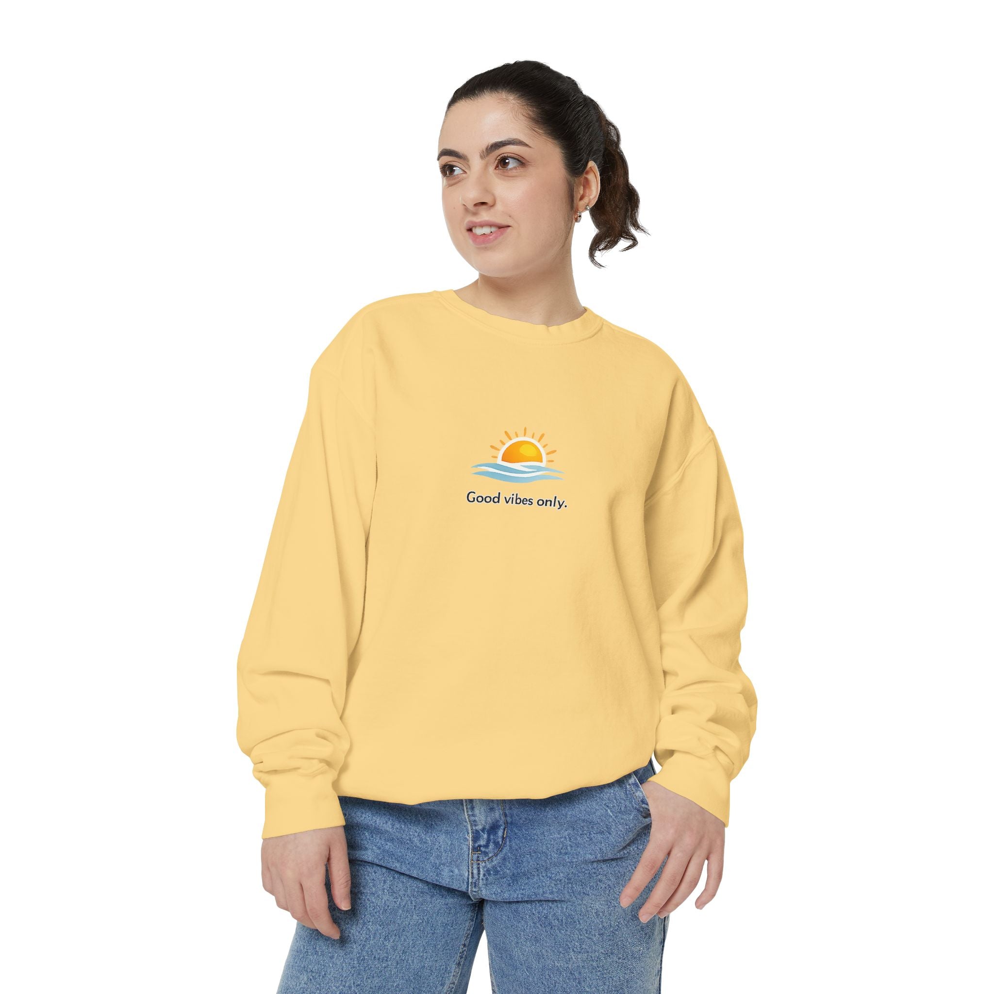Good Vibes Only Sweatshirt — Sunrise Graphic Cozy Pullover